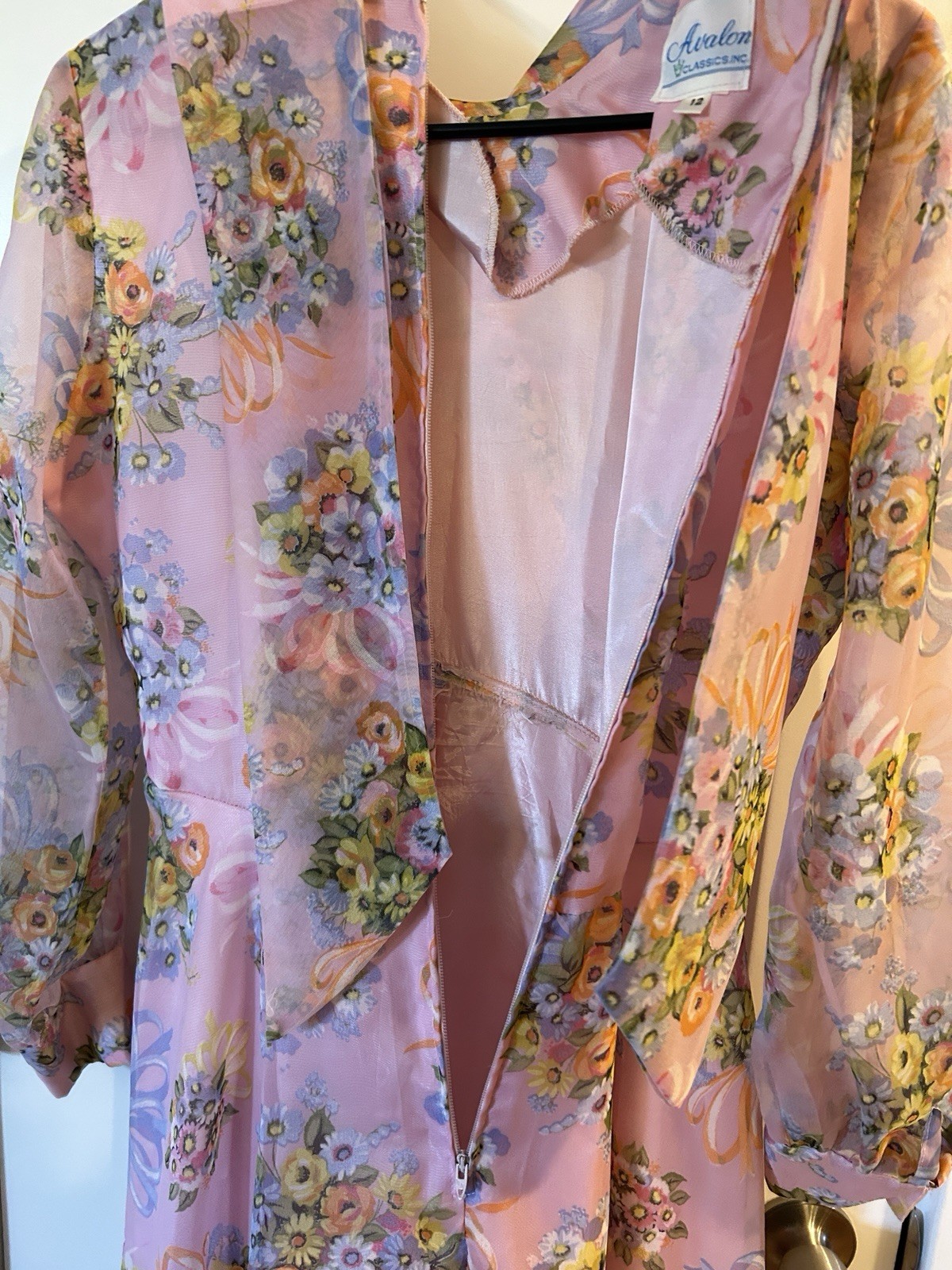 Avalon Classics Pink Floral Chiffon Maxi Dress Gown Sz 12 Cottage ILGWU Label