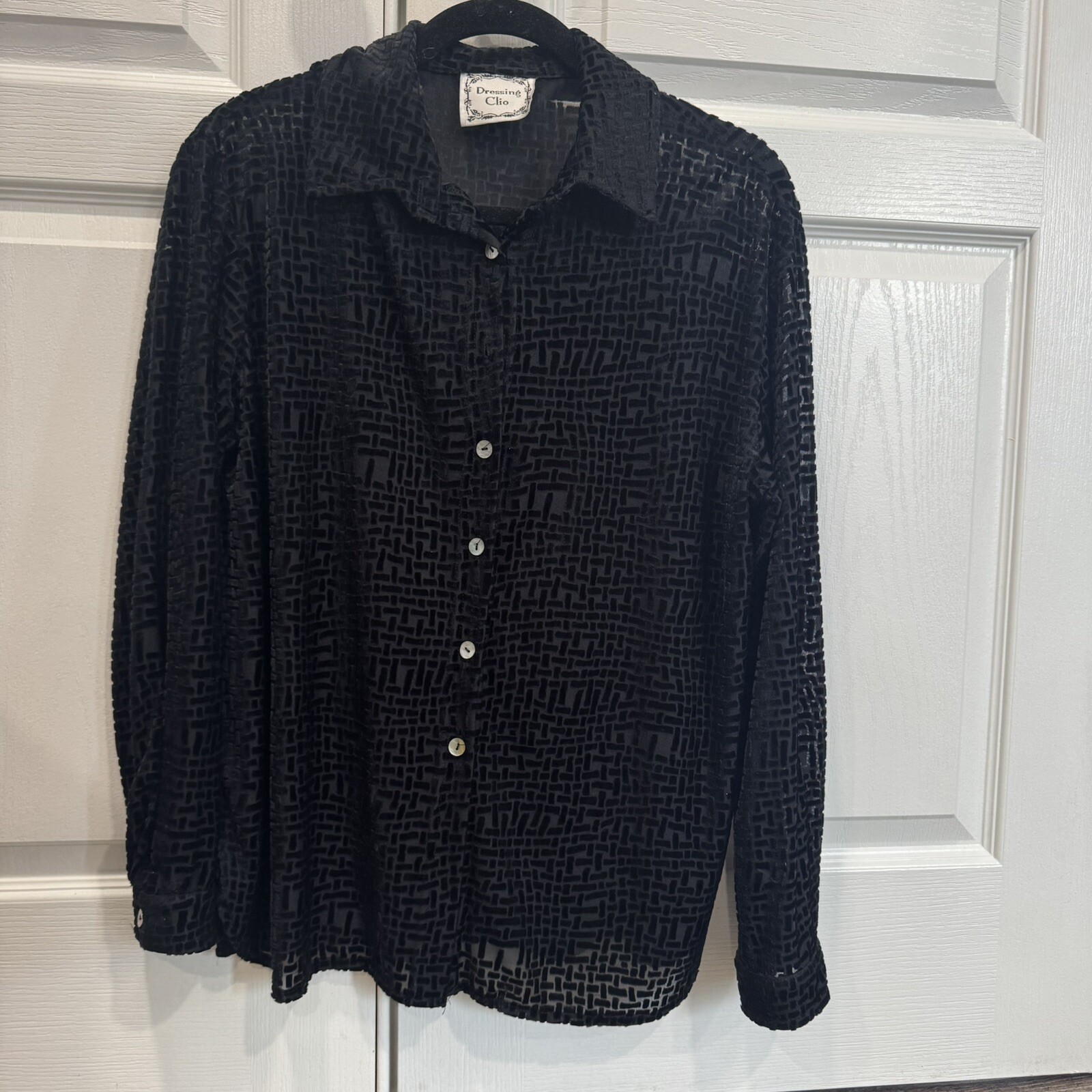 Vintage 80s Felt Button Up Women’s Blouse Rayon Black