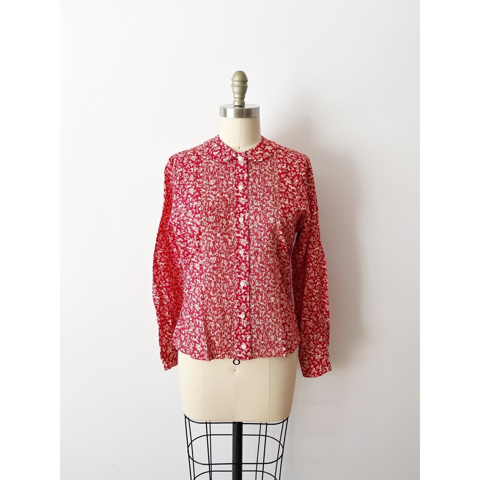 SIZE S Fox Print Toile Blouse, Pintuck Peter Pan Collar Long Sleeve Cotton Shirt