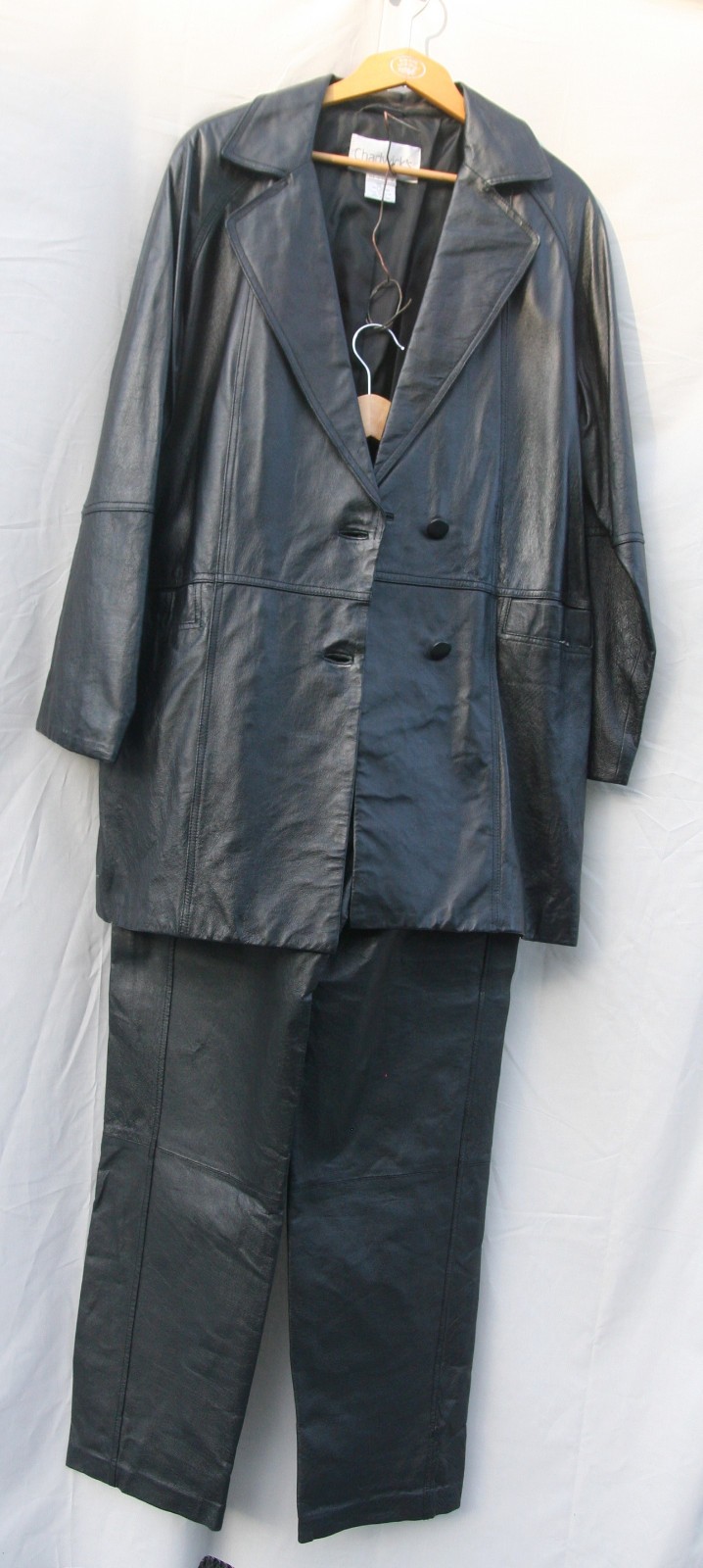 Chadwicks Bagatelle vintage black leather suit. vintage coat L pants 10