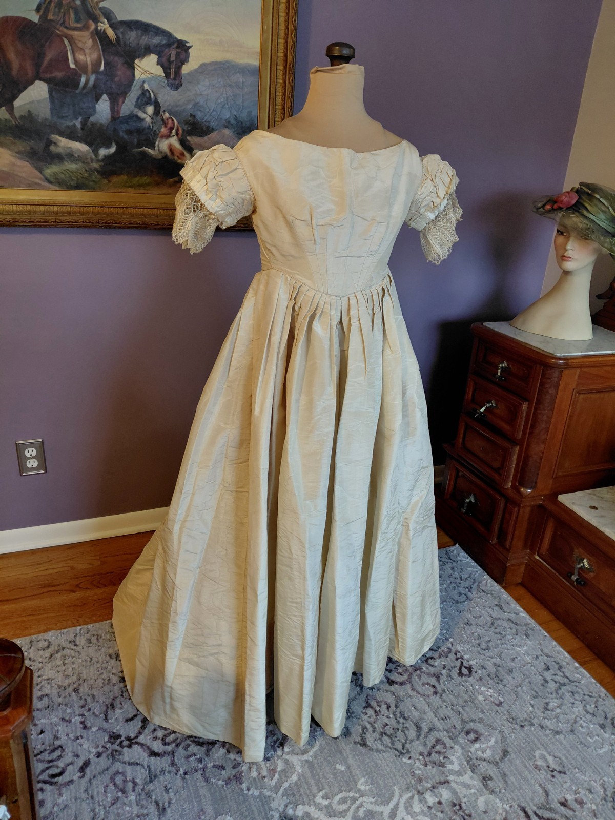 Antique Victorian ca 1850&rsquo;s Ivory Silk Moire Wedding Dress Lace & Watch Pocket