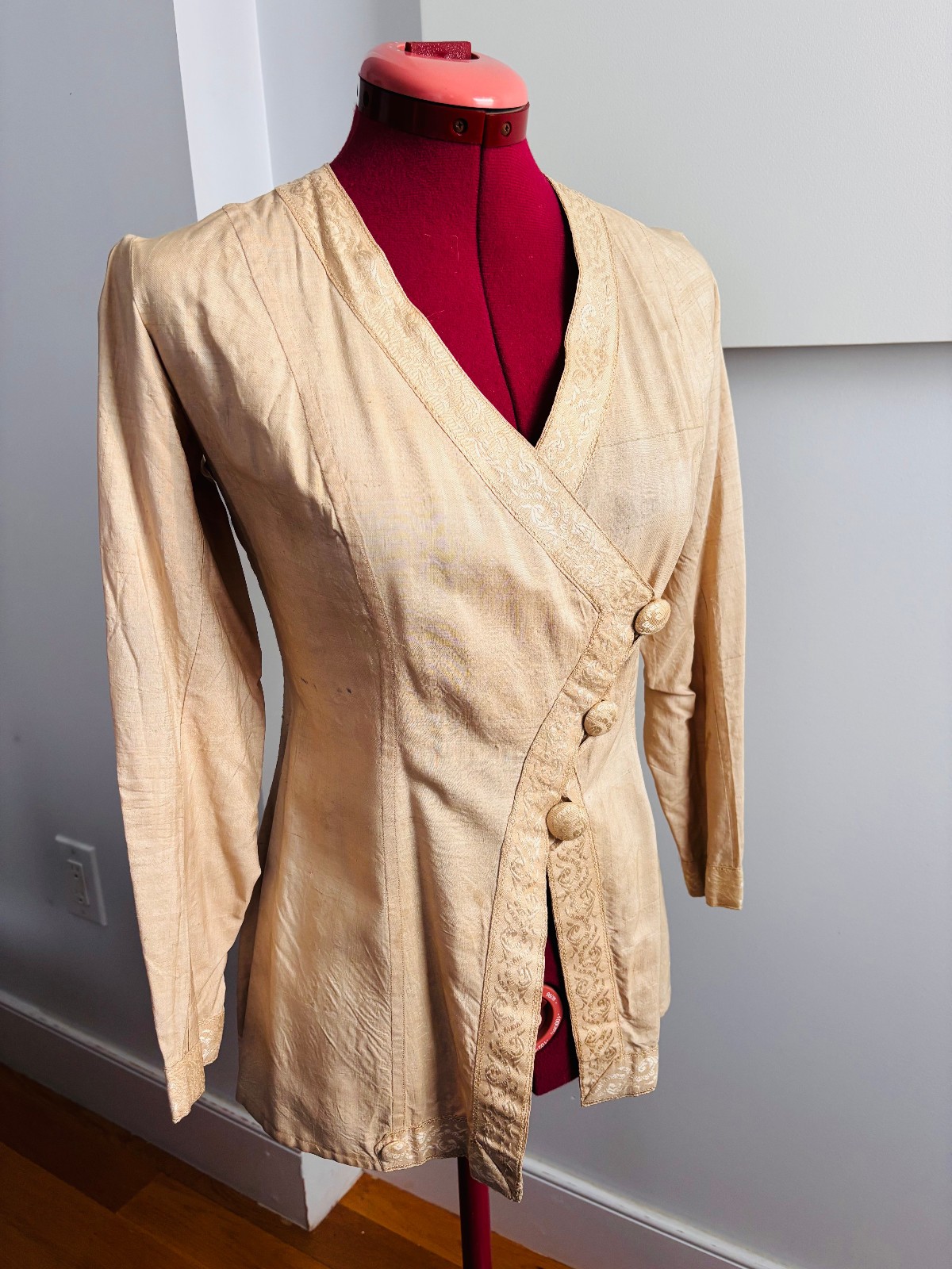 Antique Edwardian Silk Bodice Jacket Ivory Brocade Trim 1900 Victorian Renfaire