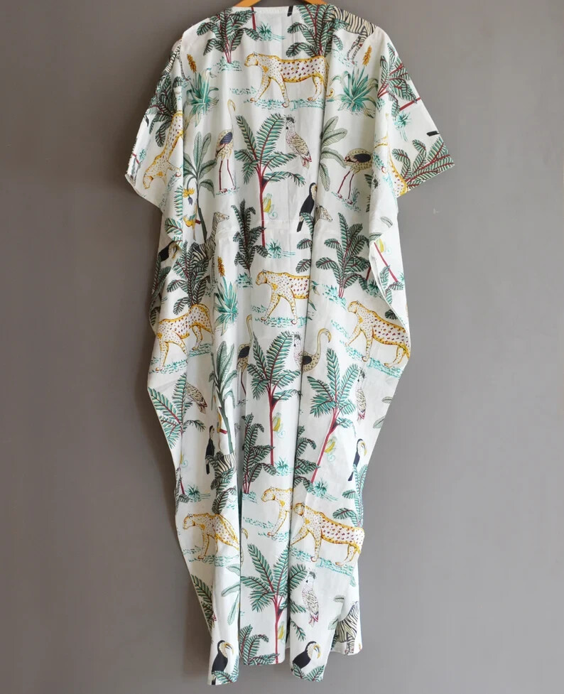 Indian Handmade Tiger Print Cotton Kaftan, Floral Long Free Size Caftan Beach