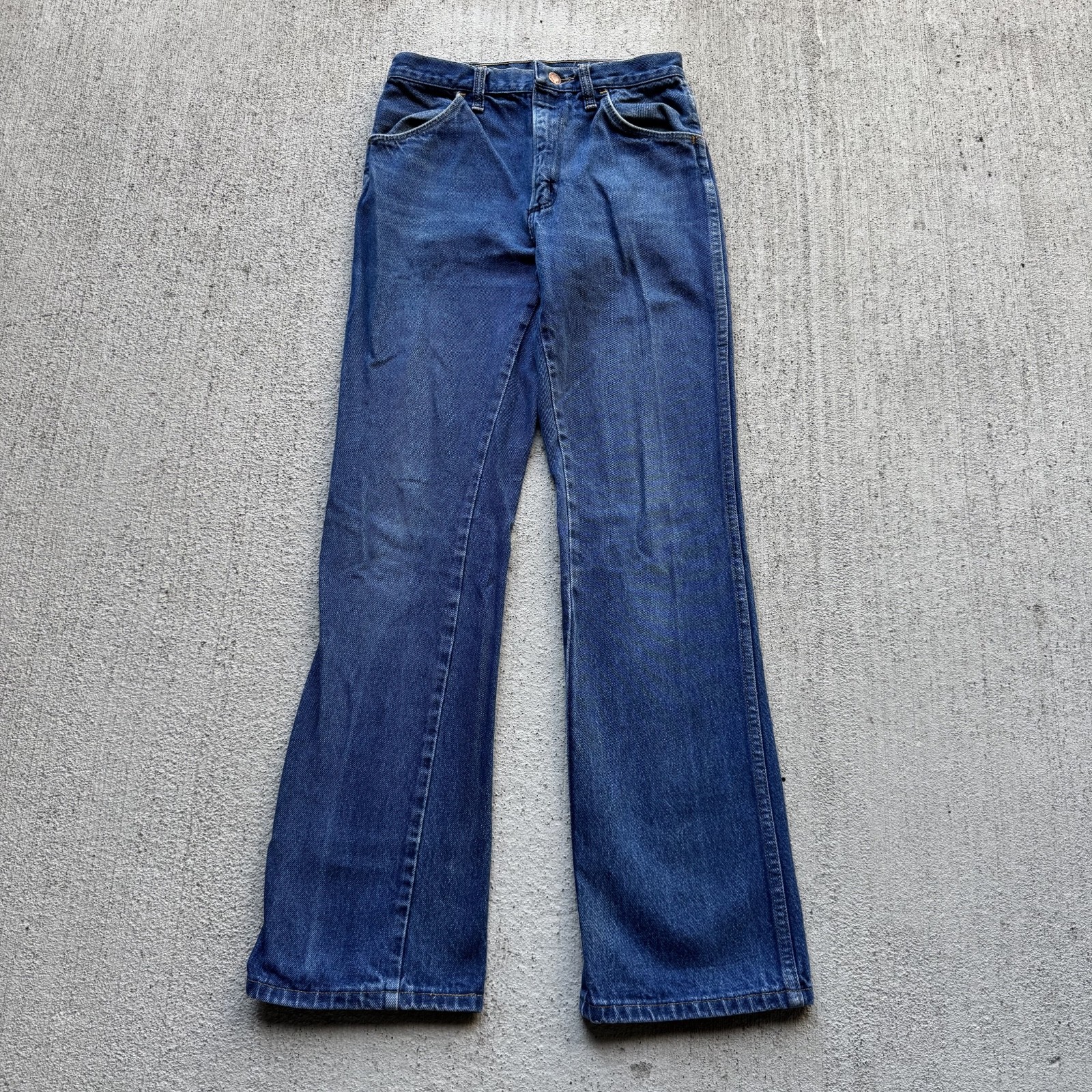 1970s Dark Wash Rustler Made in USA Bootcut Jeans 26×29
