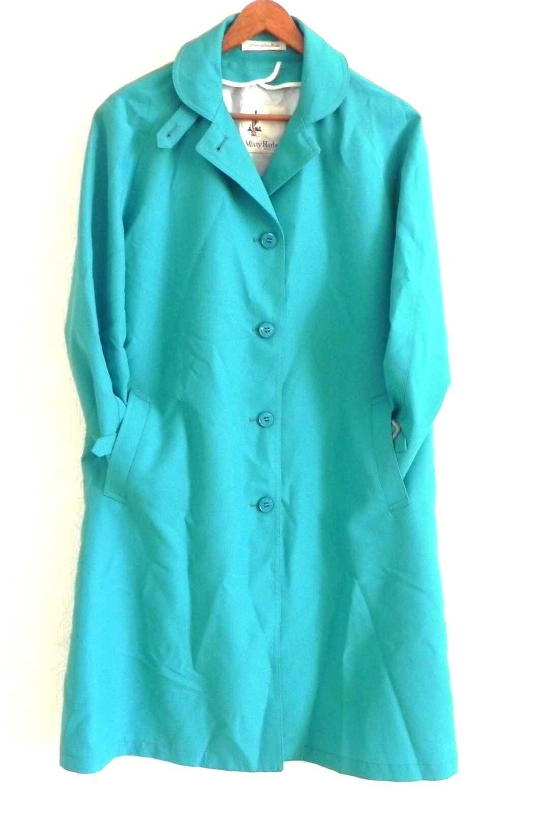 Vtg Misty Harbor Rain Coat Turquoise Button Up Pockets Rain/Stain Repellent 10P