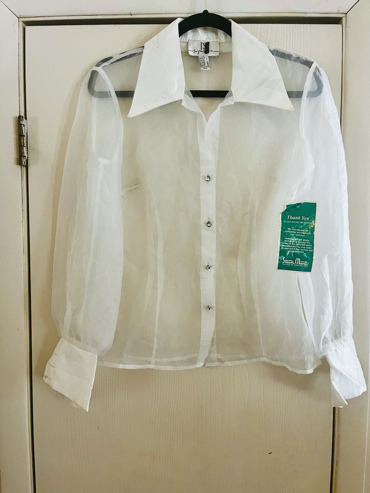 VTG Organza Avant Garde Crystal Button Cocktail Party Balloon Sleeve 80s Blouse
