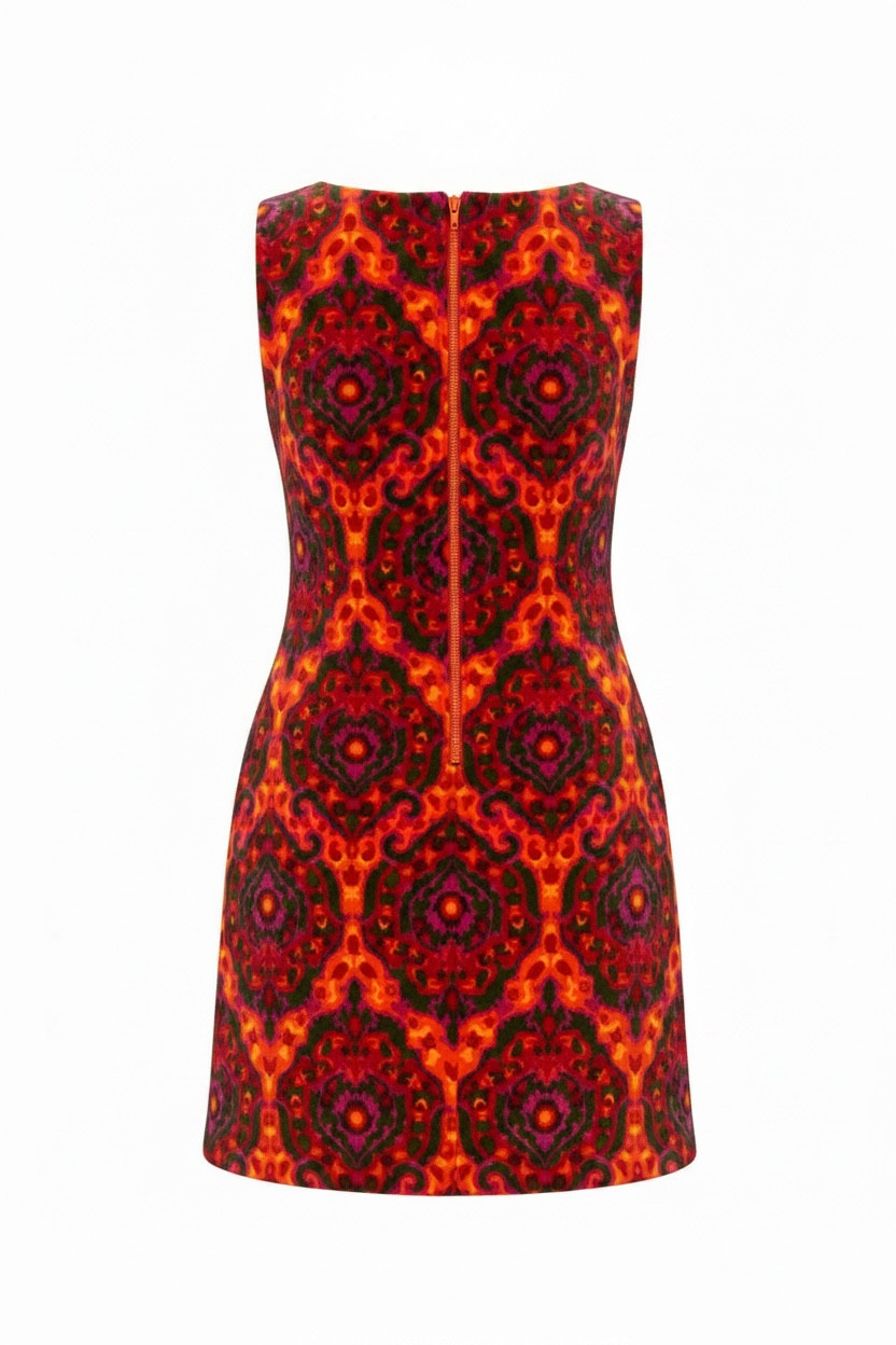 Vintage 60s Psychedelic MOD Sleeveless Dress Velour Zip Up Back Tapestry XL 14