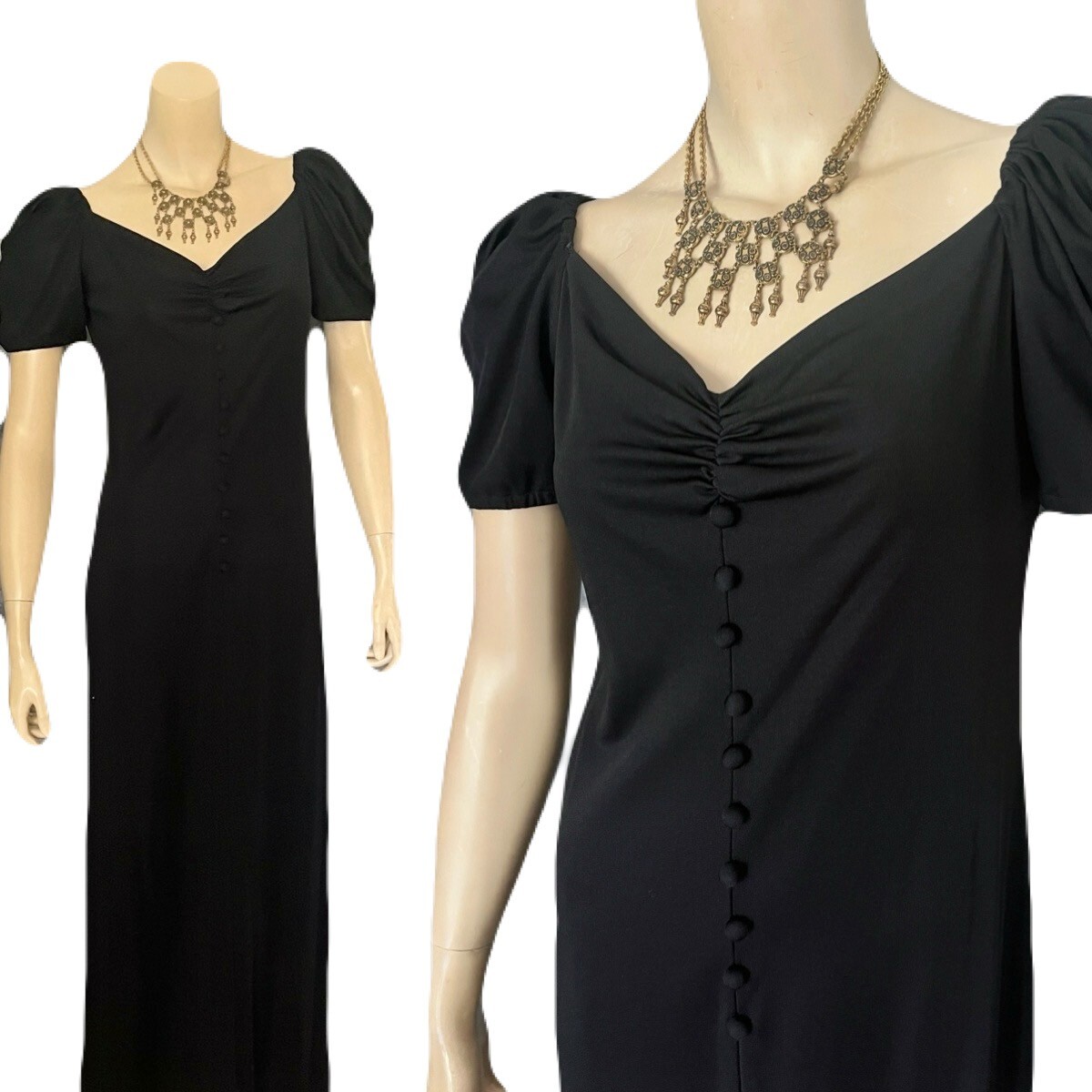Iconic 1970s Inky Black Helga Howie Jersey Maxi Dress, Sweetheart Neckline, Med.