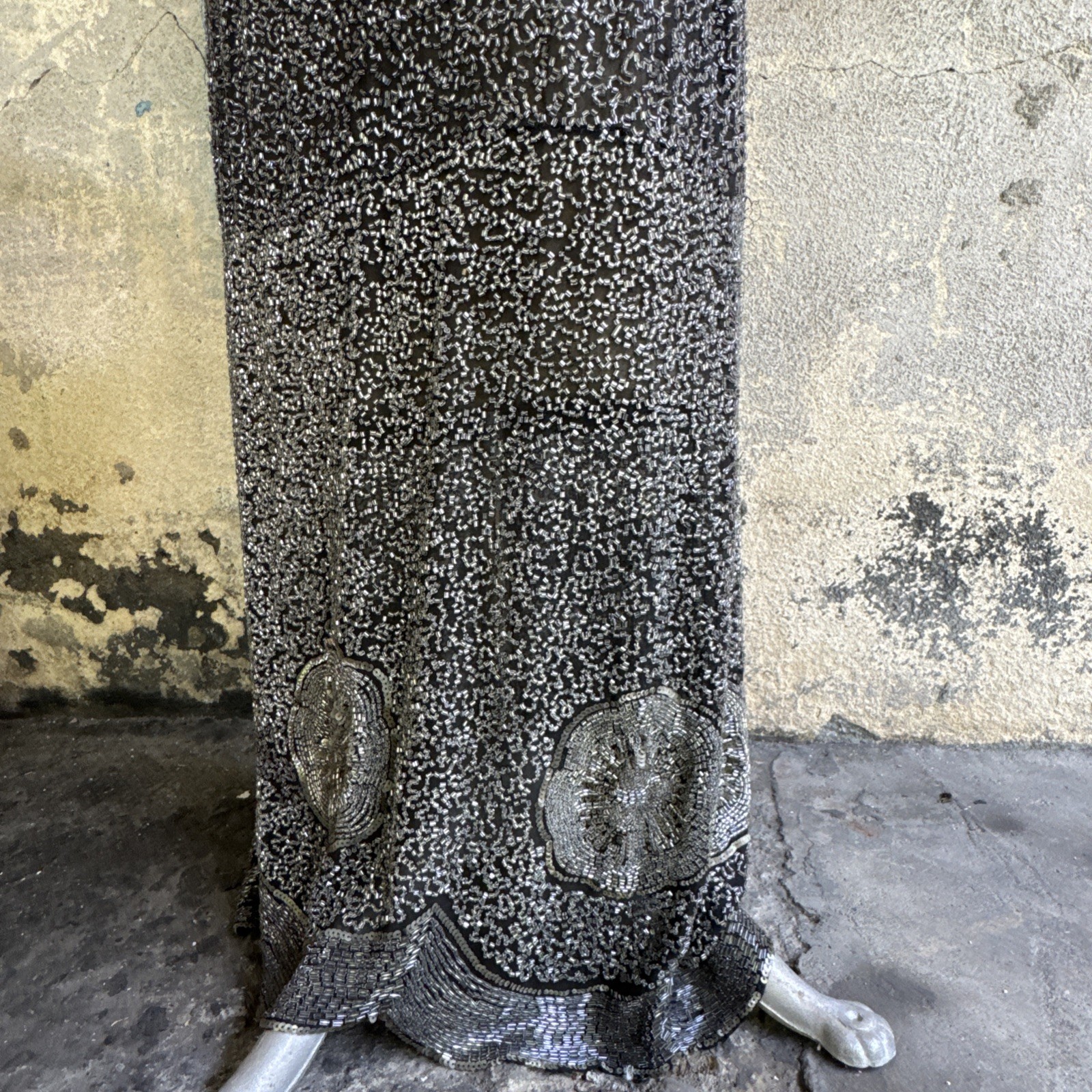 Antique 1920s Completely Silver Icy Beaded Gown Sequins Dress Scalloped Hem VTG