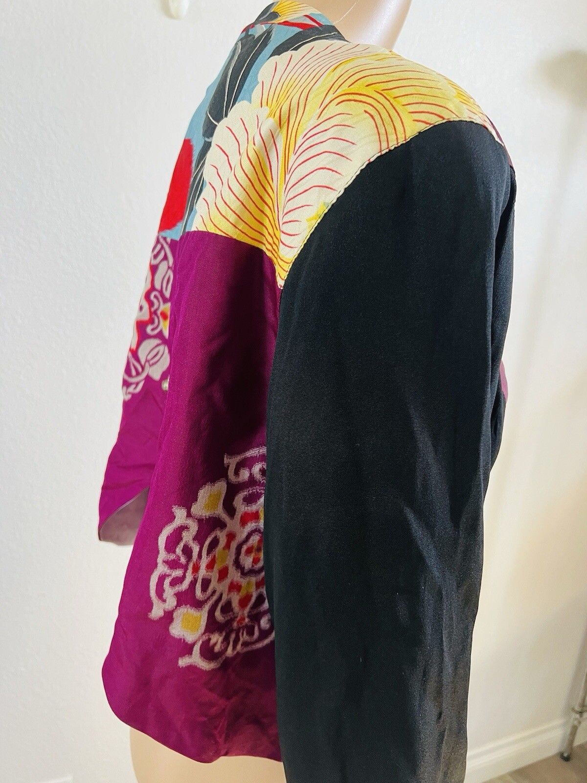 VTG Rebel Smith USA Silk* Open Jacket Floral Art Top Gemstone Accents M/L* OOAK