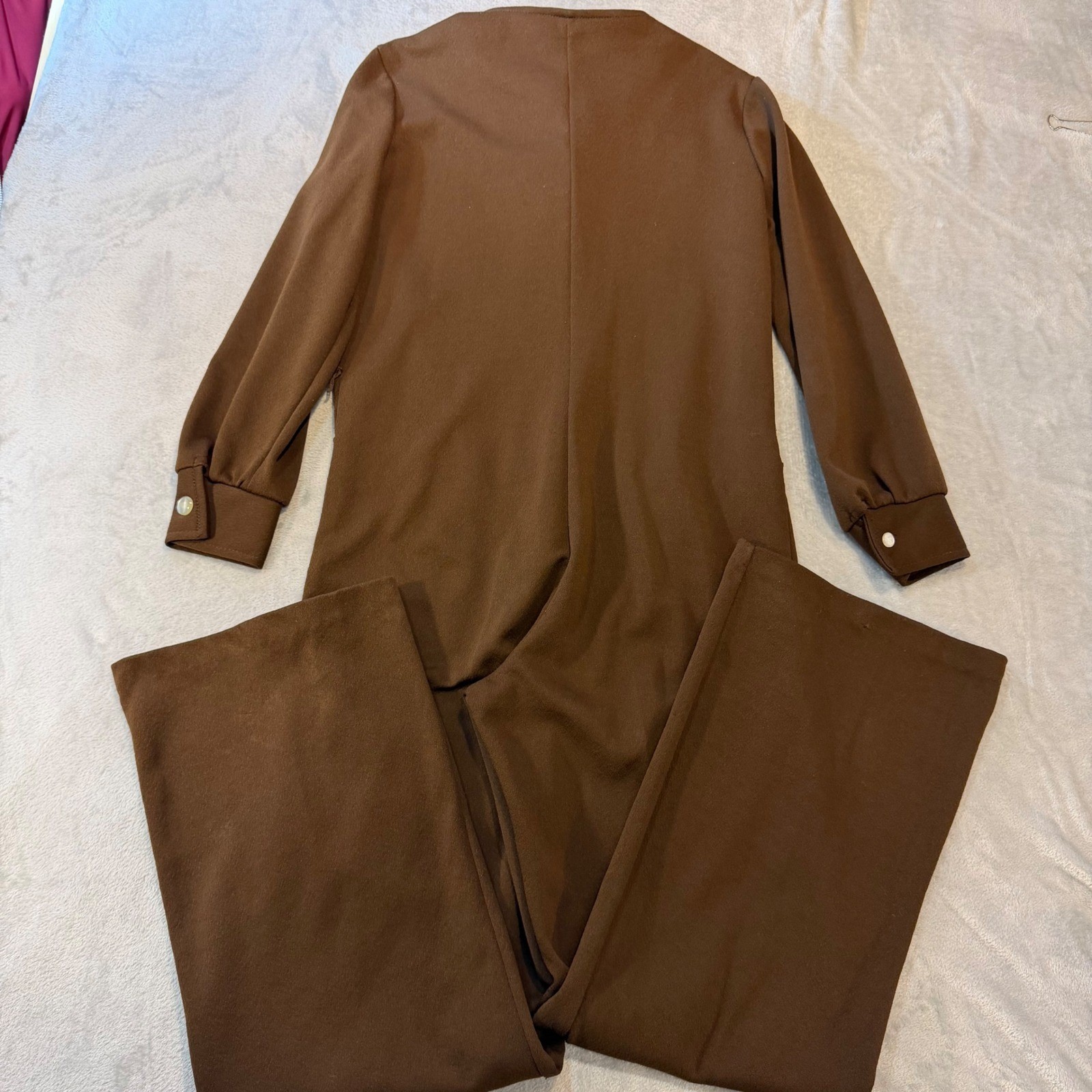 Vintage 70s Brown Polyester Zip Front Wide Leg Jumpsuit Tie Neck kitschy Size 10
