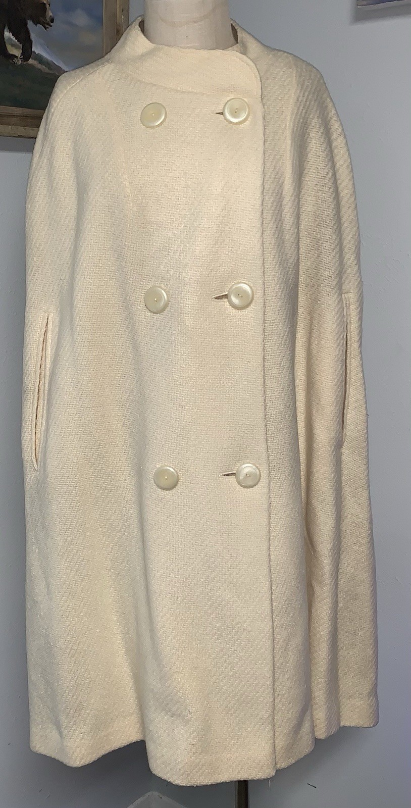 A5 60s CREAM UNION WOOL CAPE CLOAK DOUBLE BREASTED LARGE BUTTONS SZ 10/12 L/XL