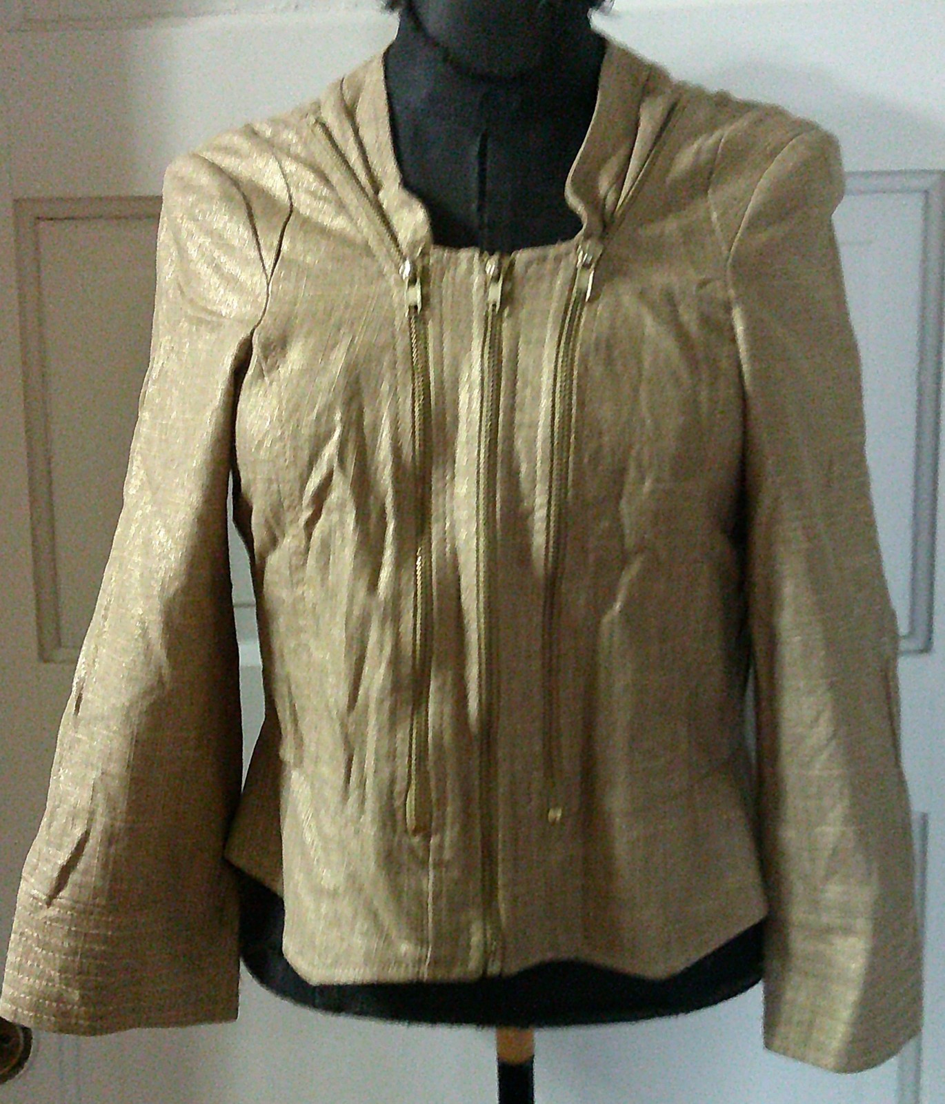 90&rsquo;s XOXO Zip Up Gold Sparkly Lined Linen Blend Suit Jacket Blazer M