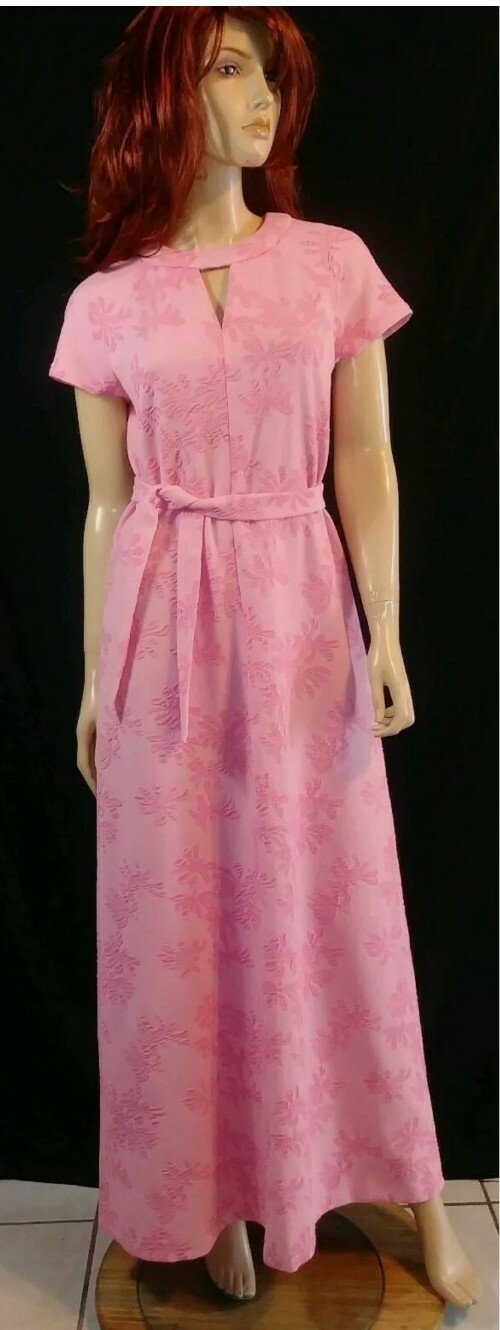 Vintage Handmade Pink Floral Textured Long Dress 58&Prime; Keyhole Sz M? Belt-Tie