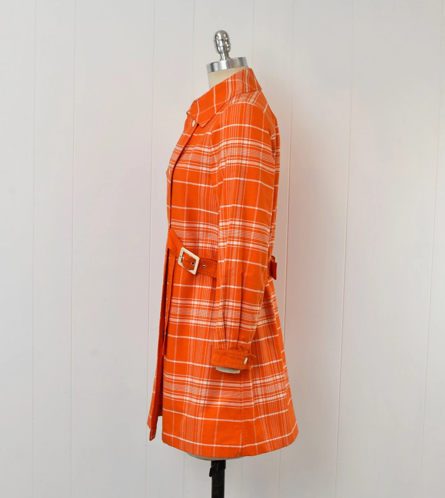 1970s Courreges Hyperbole Orange White Plaid Cotton Coat Jacket Dress