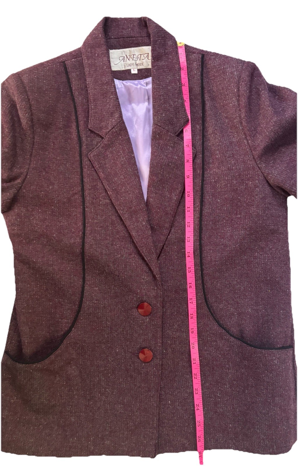 VTG 80s ANETA Lady-Mode Purple Wool Power Suit Blazer Pants L 38 EUC