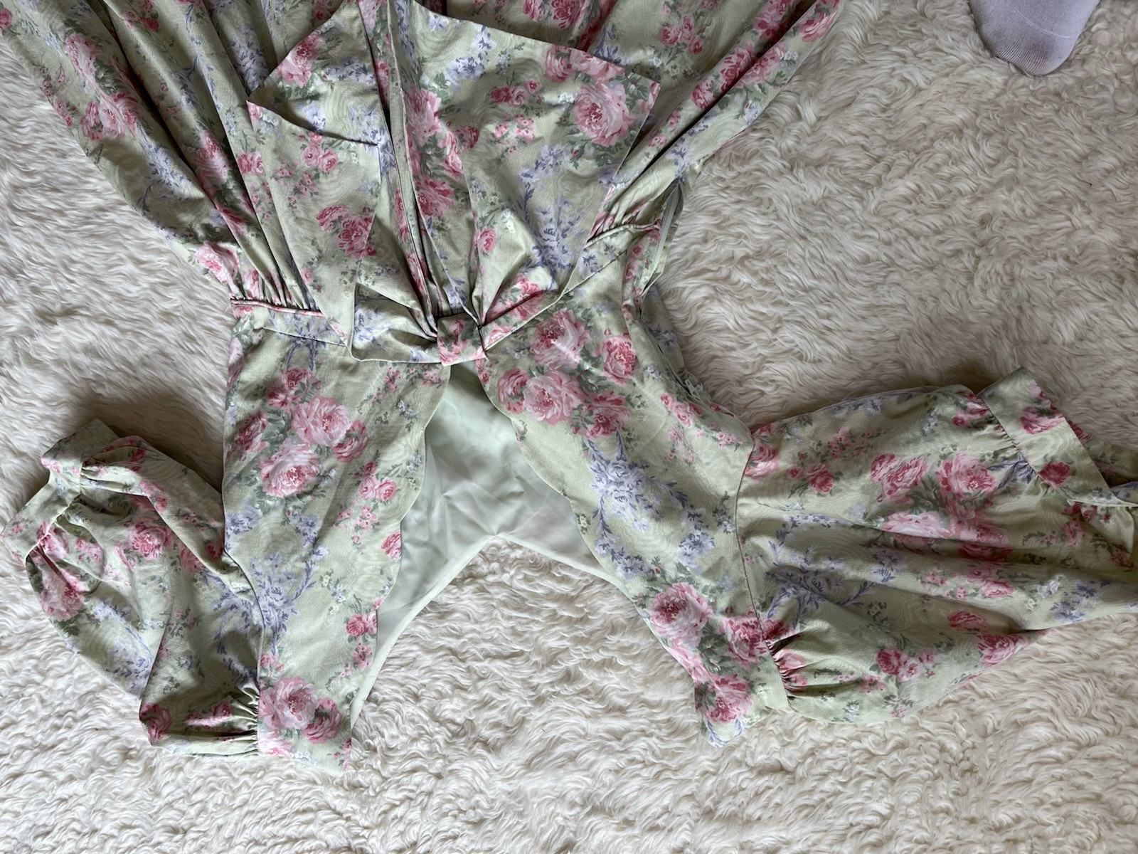 VTg Laura Ashley Dress Size 8 80s Puff Sleeve Floral Bow Green Prairie Cottage