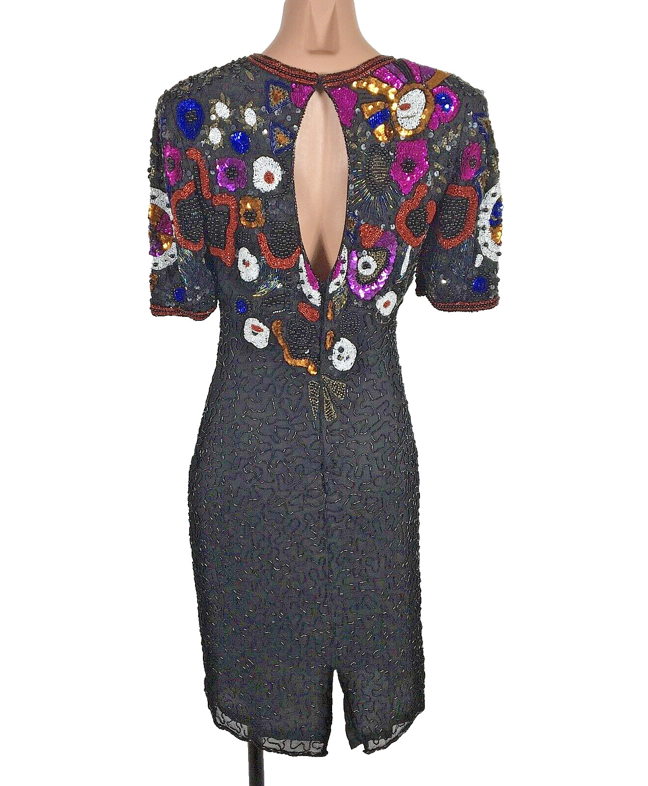 Vtg 80s Black Floral Silk Sequin Beaded Cocktail Party Gown Glam Dress P S EUC