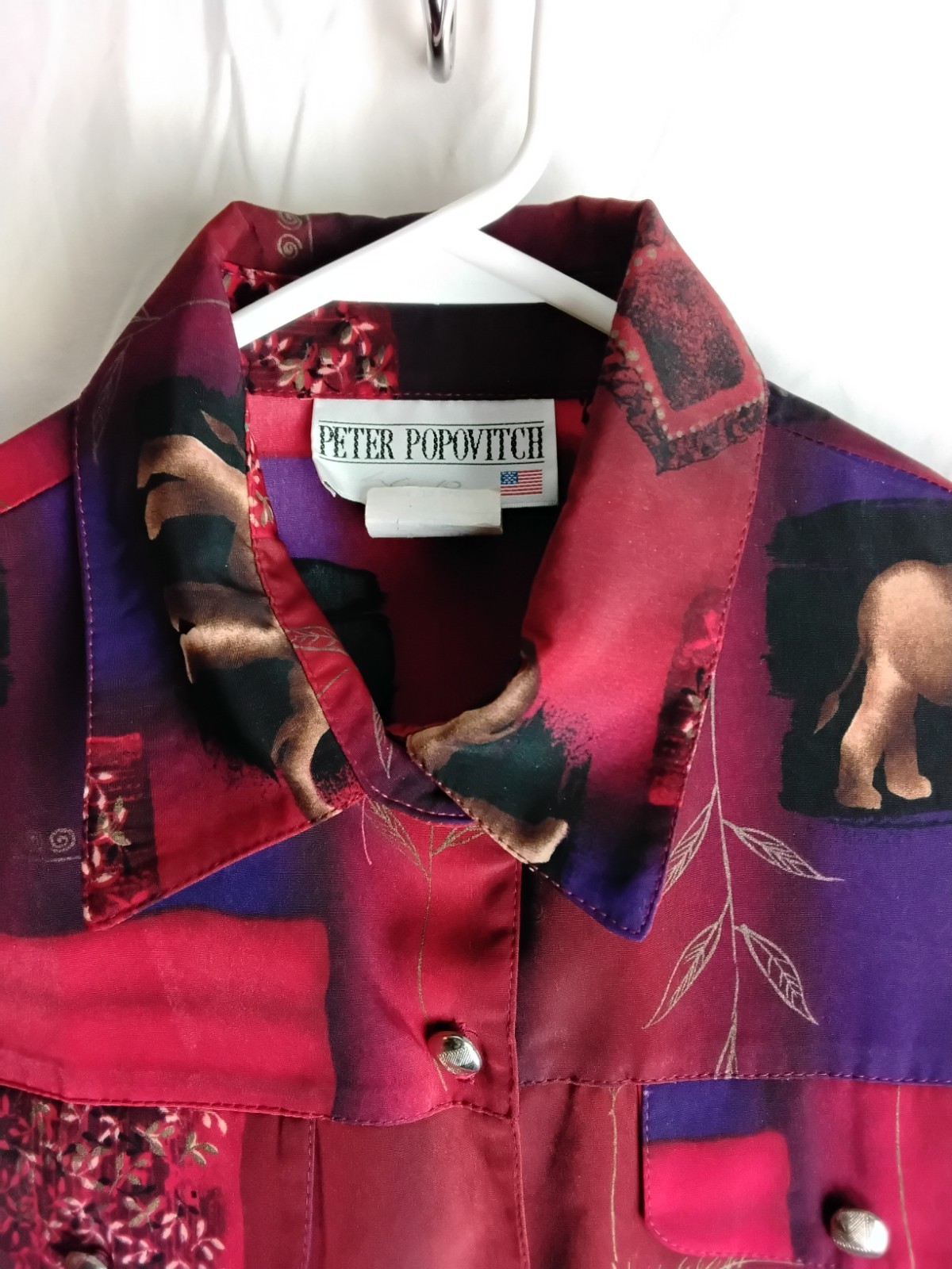 VTG 90s Peter Popovitch Womens Med Art To Wear Blouse Elephant Giraffe Jungle