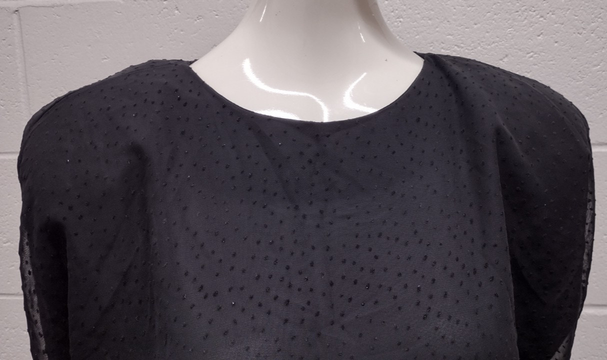 1980s Batwing Sheer Chiffon Dress Black Flapper Scallop 80s Dolman Sleeves M/L