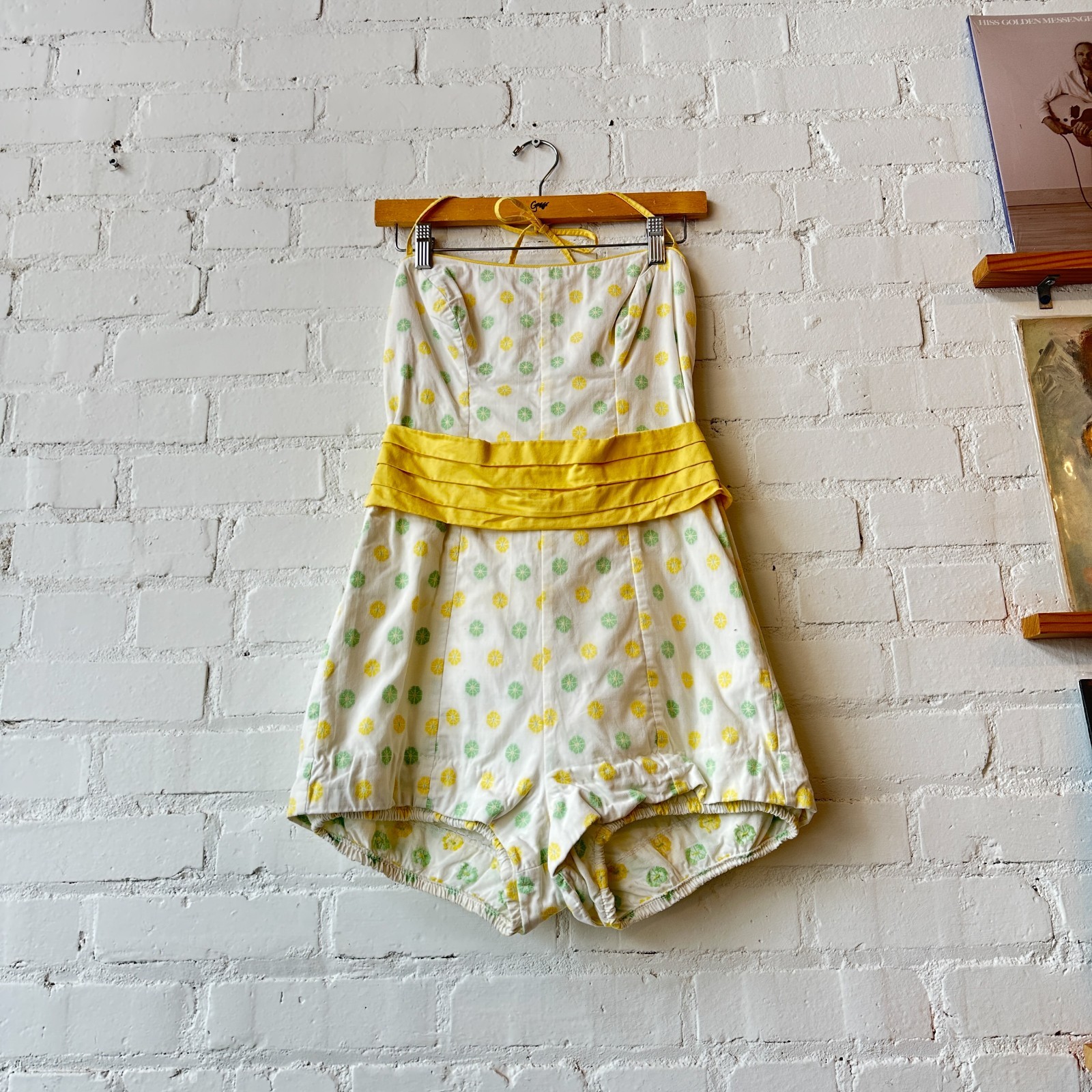 Vtg 1950s Catalina White Yellow Green Floral Swimsuit Medium