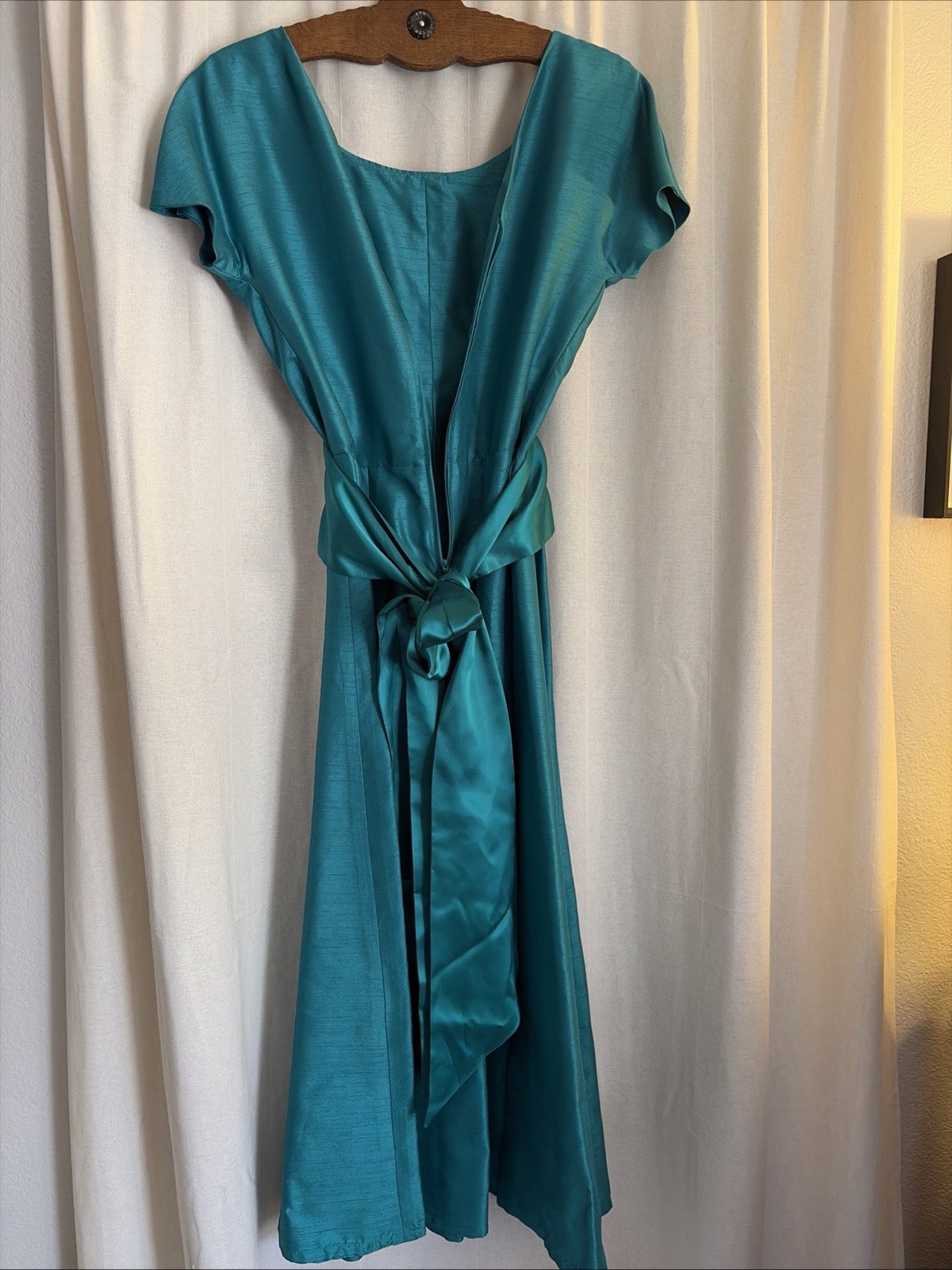 Vintage Handmade Aquamarine Formal Classic A Line Dress Buttons Satin Bow