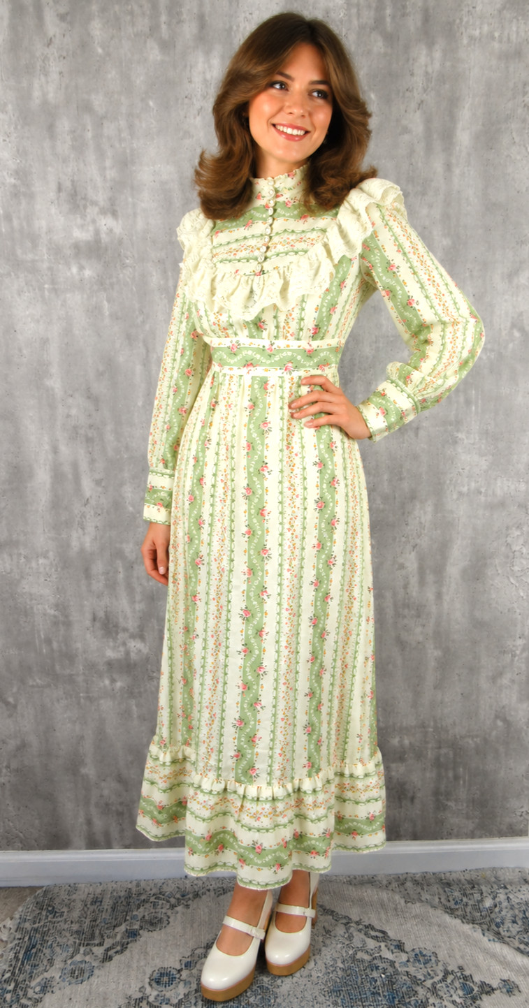 Vintage Vicky Vaughn 70s Prairie Lace Collar Striped Floral Maxi Dress Calico XS
