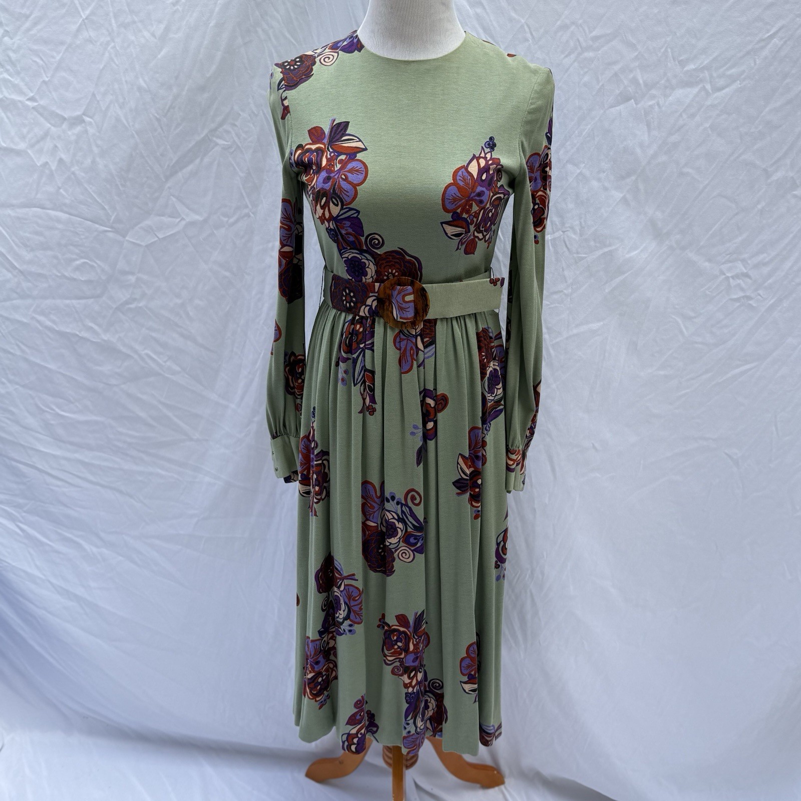 Vtg TRAINA New York 50s 60s Dress S Green Floral Belted Secretary Mad Men Modest