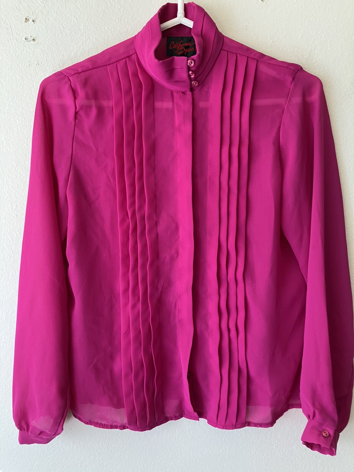 Vintage &rsquo;80s California Spice Fuchsia Pink High Neck Secretary Blouse Pleats M