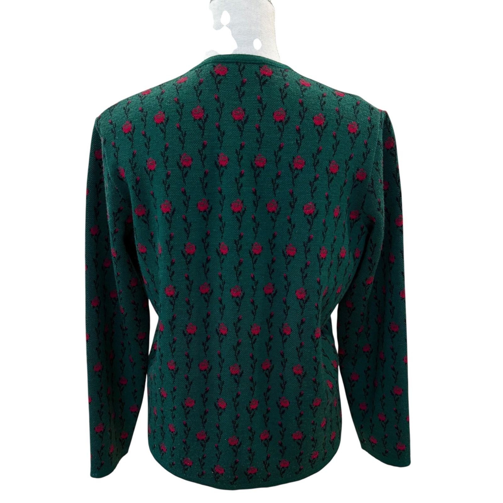 Strickmeister Austria Vintage Wool Cardigan Green Red Floral Rose Button Front
