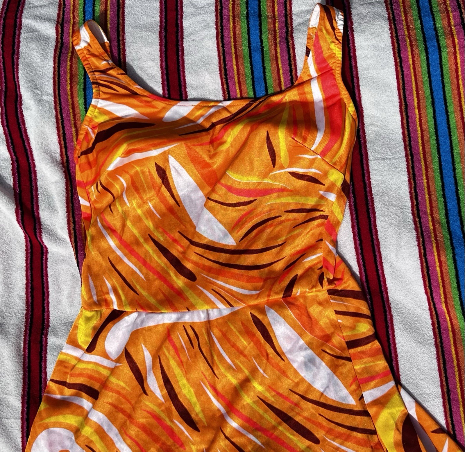VTG 60s Union Made Abstract Orange Yellow & Brown Skirt Cover Swim Suit Med
