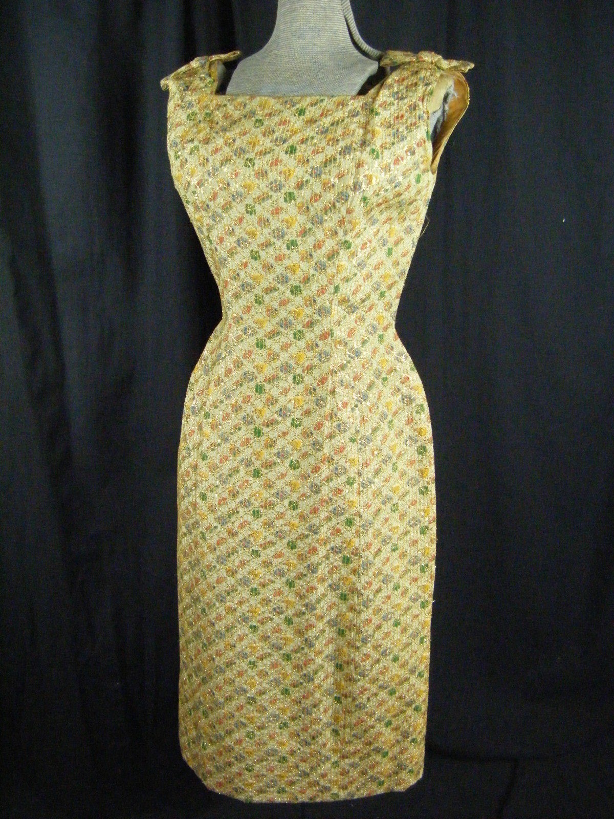SUZY PERETTE Vtg 50s Designer Metallic Gold Floral Bows Dress-Bust 35/2XS-XS
