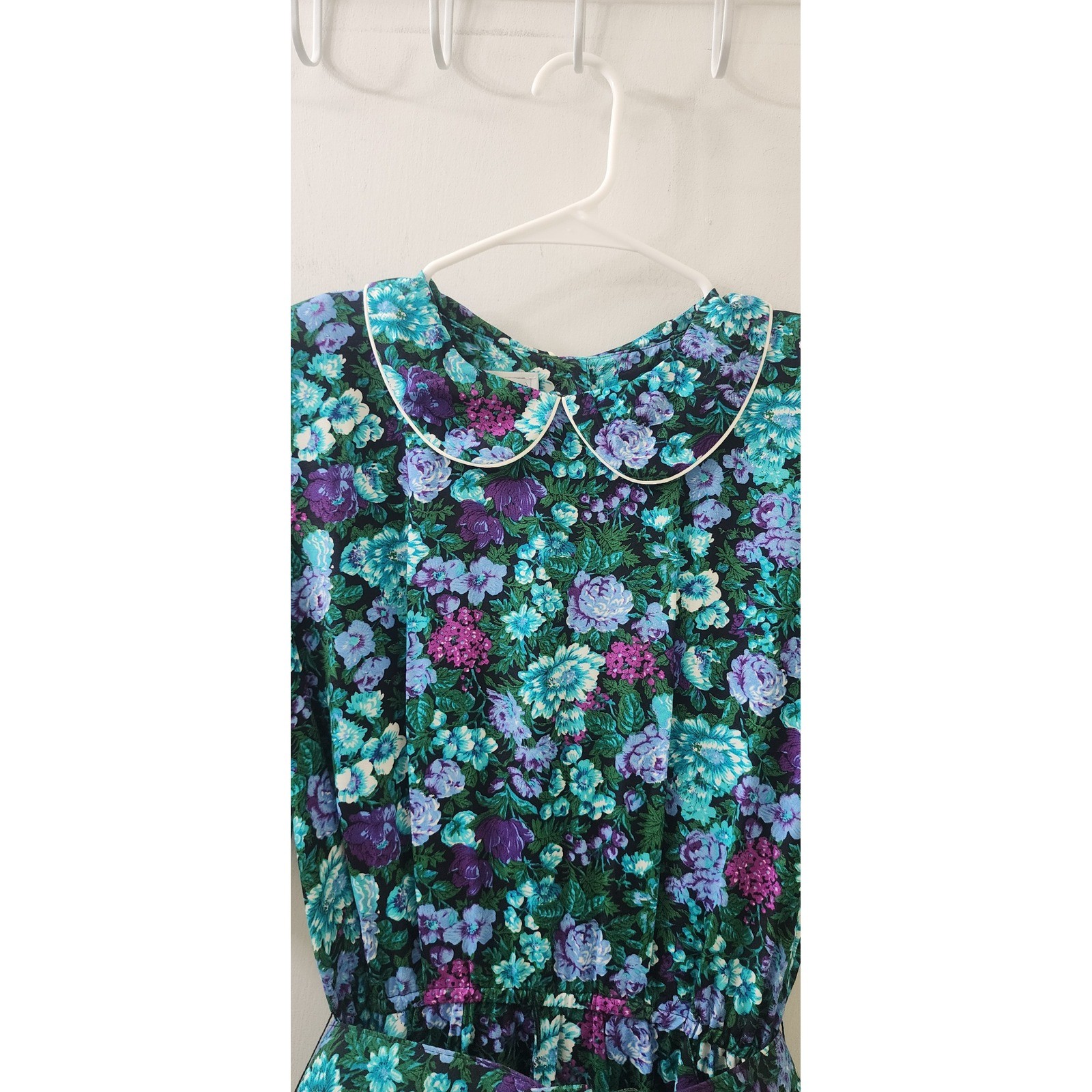 Michelle Stuart Vintage Floral Midi Dress Teal Purple Rayon Belted Size 8 USA