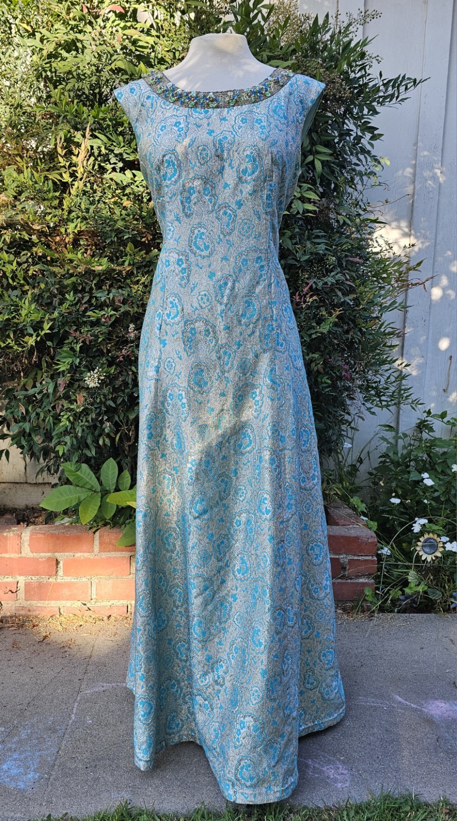 Vintage 1960s Blue Silver Paisley Brocade Empire Waist Formal Full Length Gown