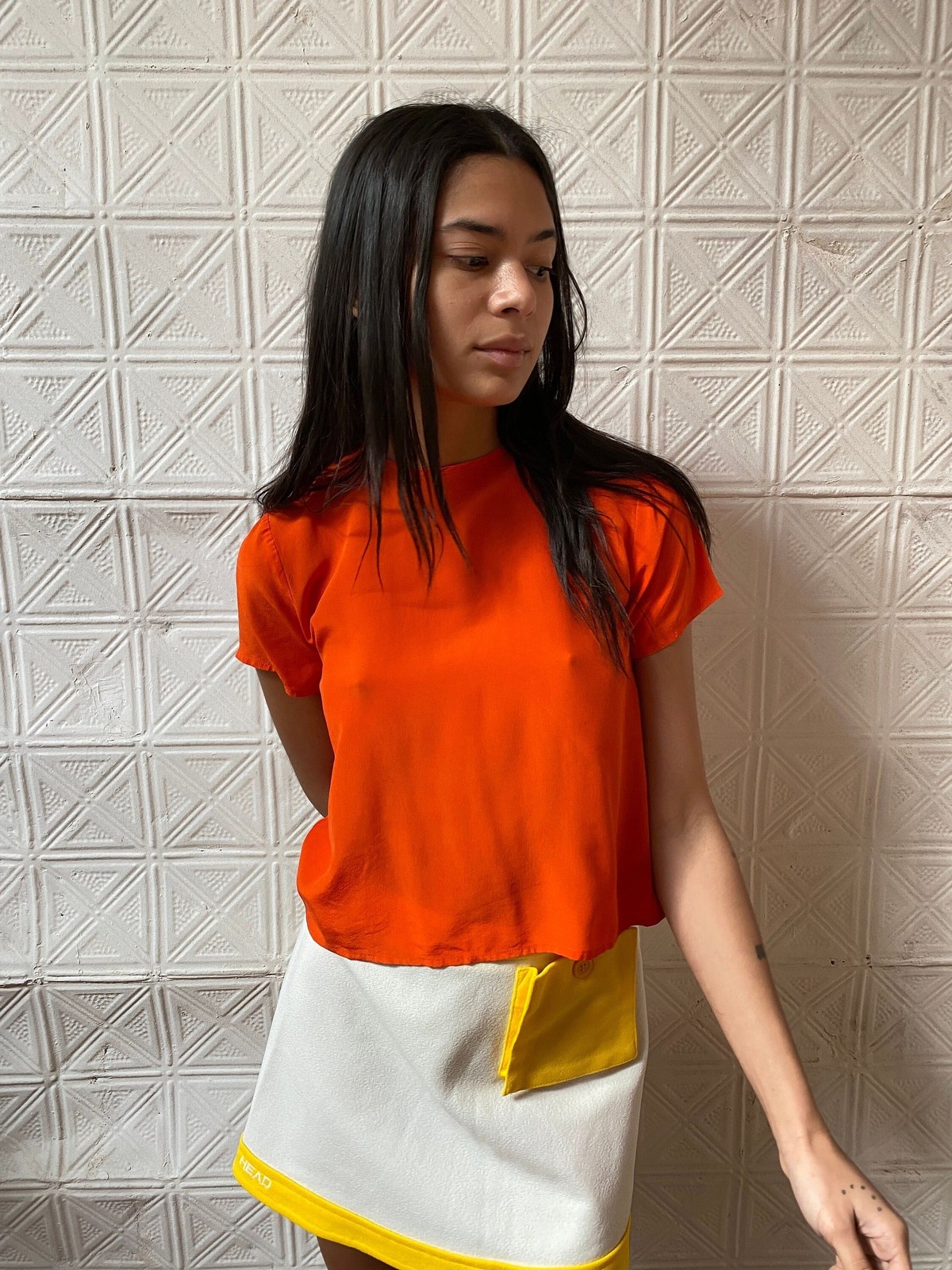 90s Orange Silk Crop Top – Petite Short Sleeve Blouse