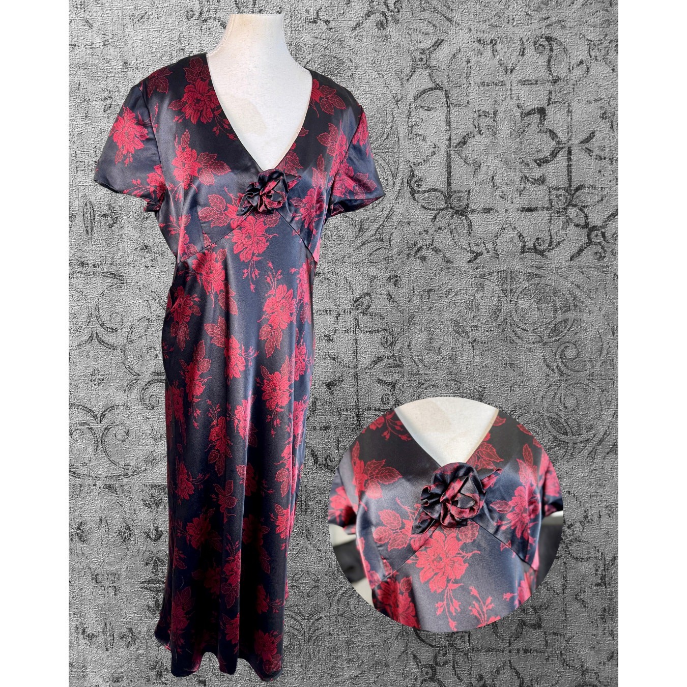Vintage Y2K Adrianna Papell Satin Black Red Rose Brocade Drop Waist Dress 14