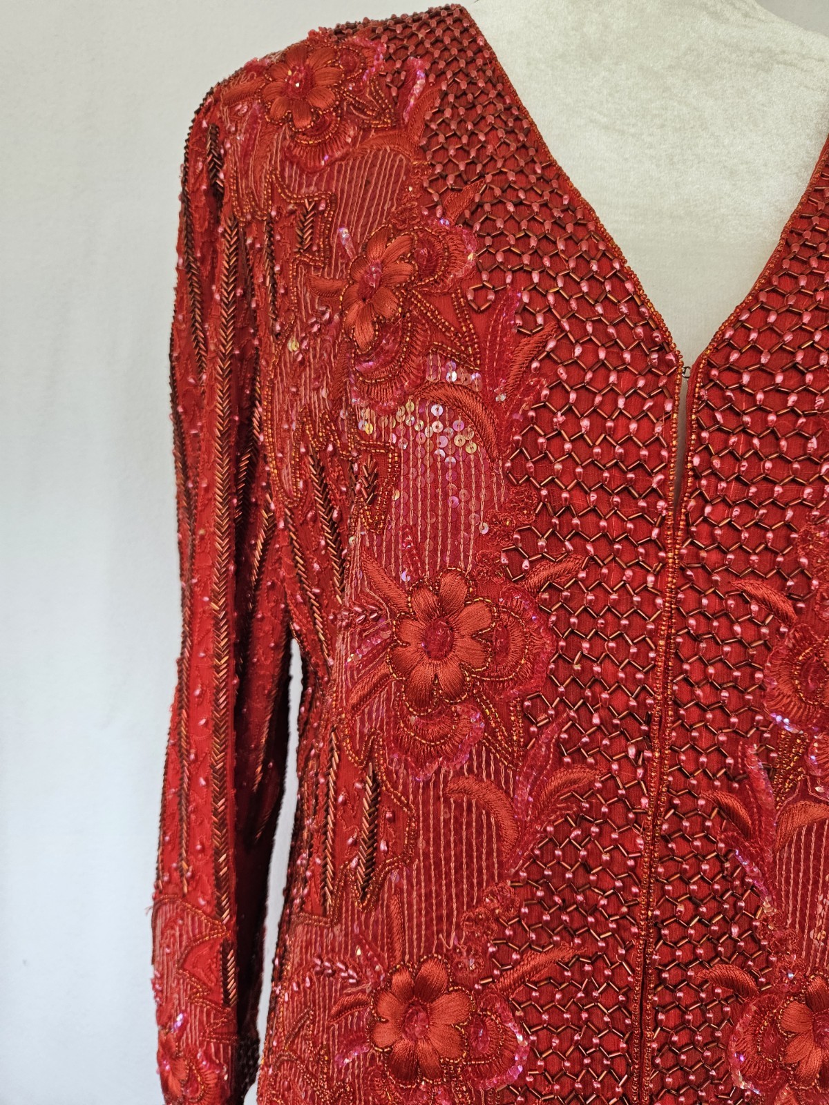 FRANK USHER – Vintage 80&rsquo;s Red Sequin Beaded Evening Jacket Blazer – Large?