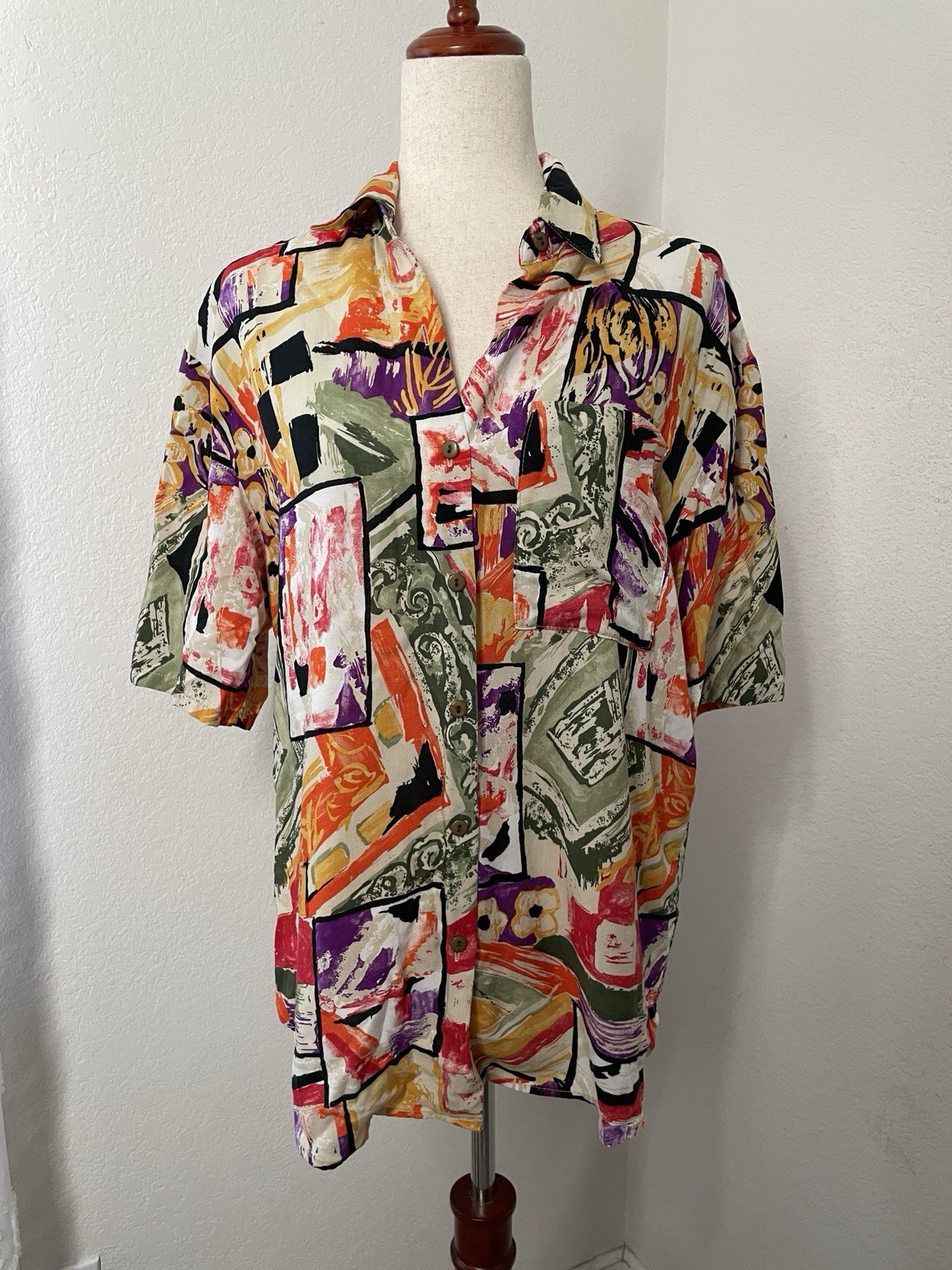 Vintage Button Up Blouse Womens Large 90s Abstract Artsy Art To Wear Maximalism