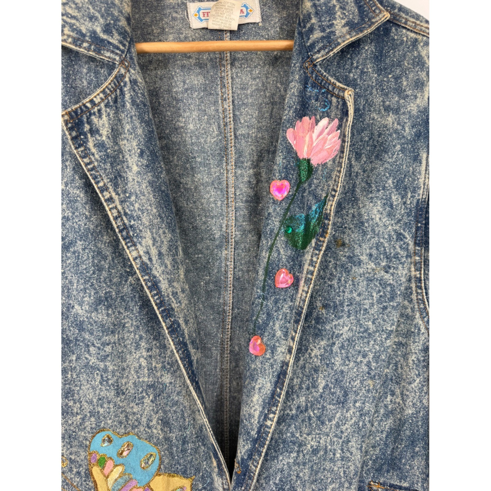 Vintage Fit America Womens Large Denim Trench Coat Hand Painted Floral Acid Wash