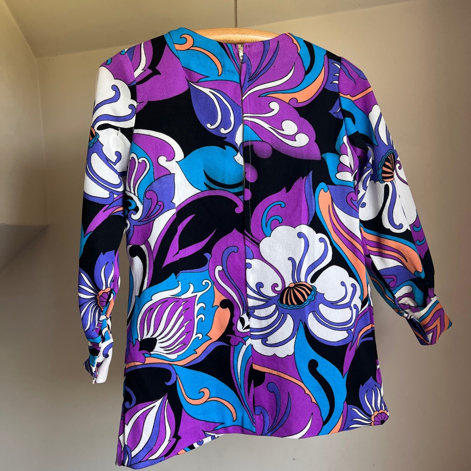 Vintage Psychedelic Print Hippie Top Small Purple Floral Mod 60s 70s Blouse