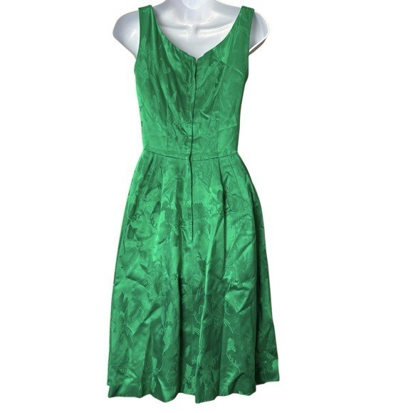 Vtg 50’sUnion Made Mardi Gras emerald green brocade cocktail dress bow detail XS