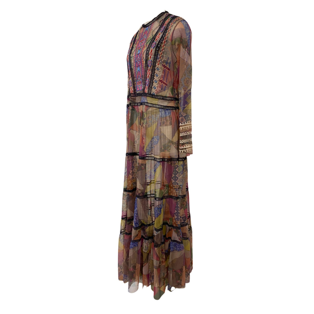 Johnny Was Biya Romantic Embroidered Boho Bohemian Tiered Printed Gervase Dress