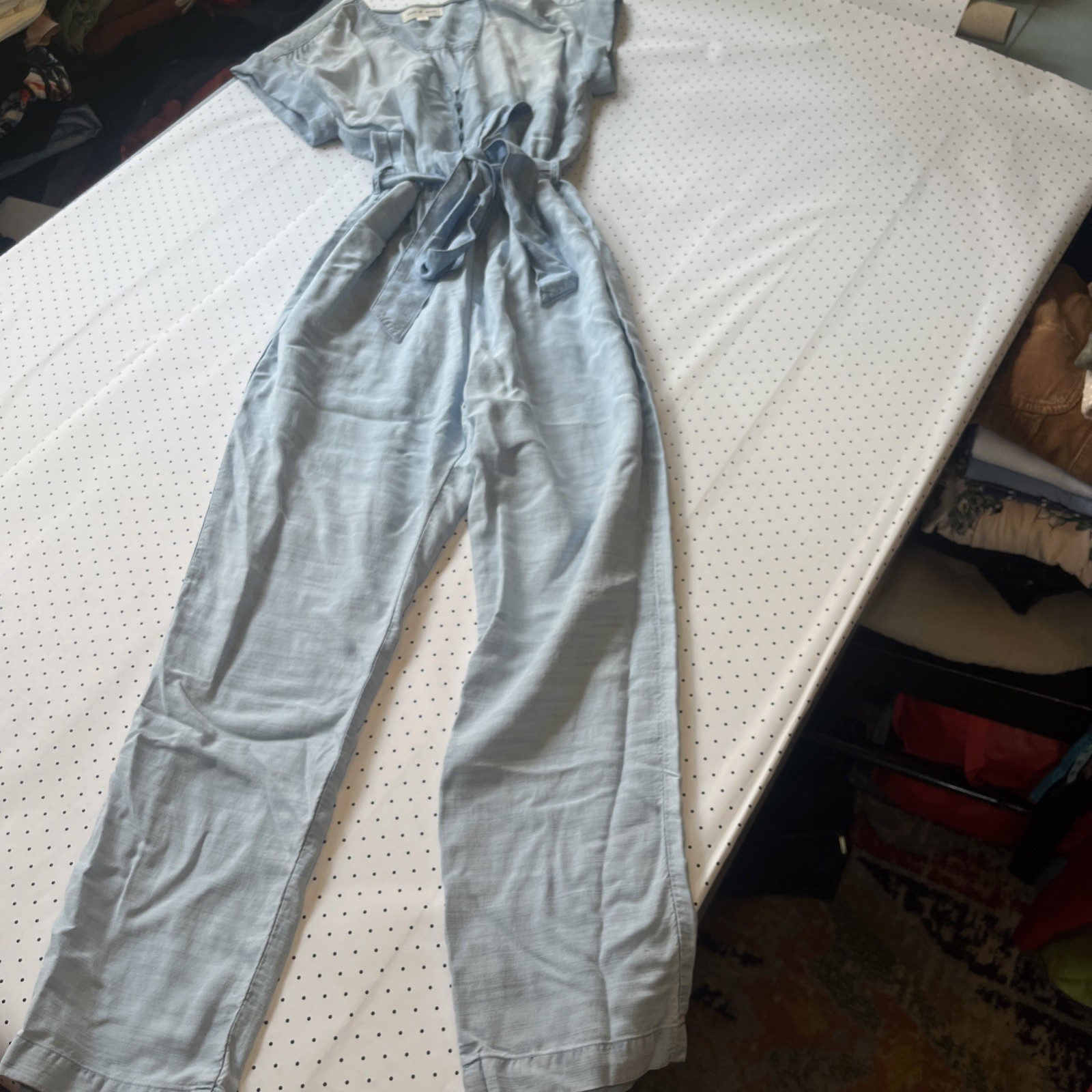 Cloth & Stone Light Wash Chambray Jumpsuit Small Wide Leg Tie Waist Romper
