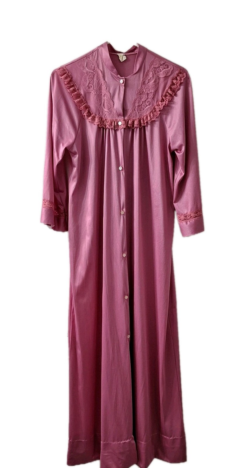 Vintage Texsheen Long Nightgown Small Long Sleeve Lace Pink Fuschia Semi Sheer
