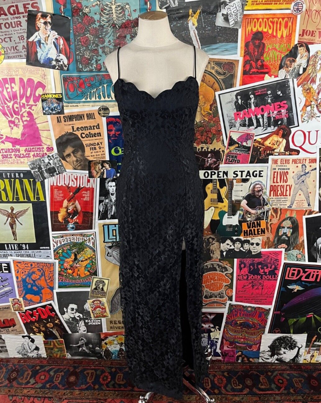 Vintage 90s Sexy Black Lace Strappy LA Glo Cocktail Party Dress 2XS Prom