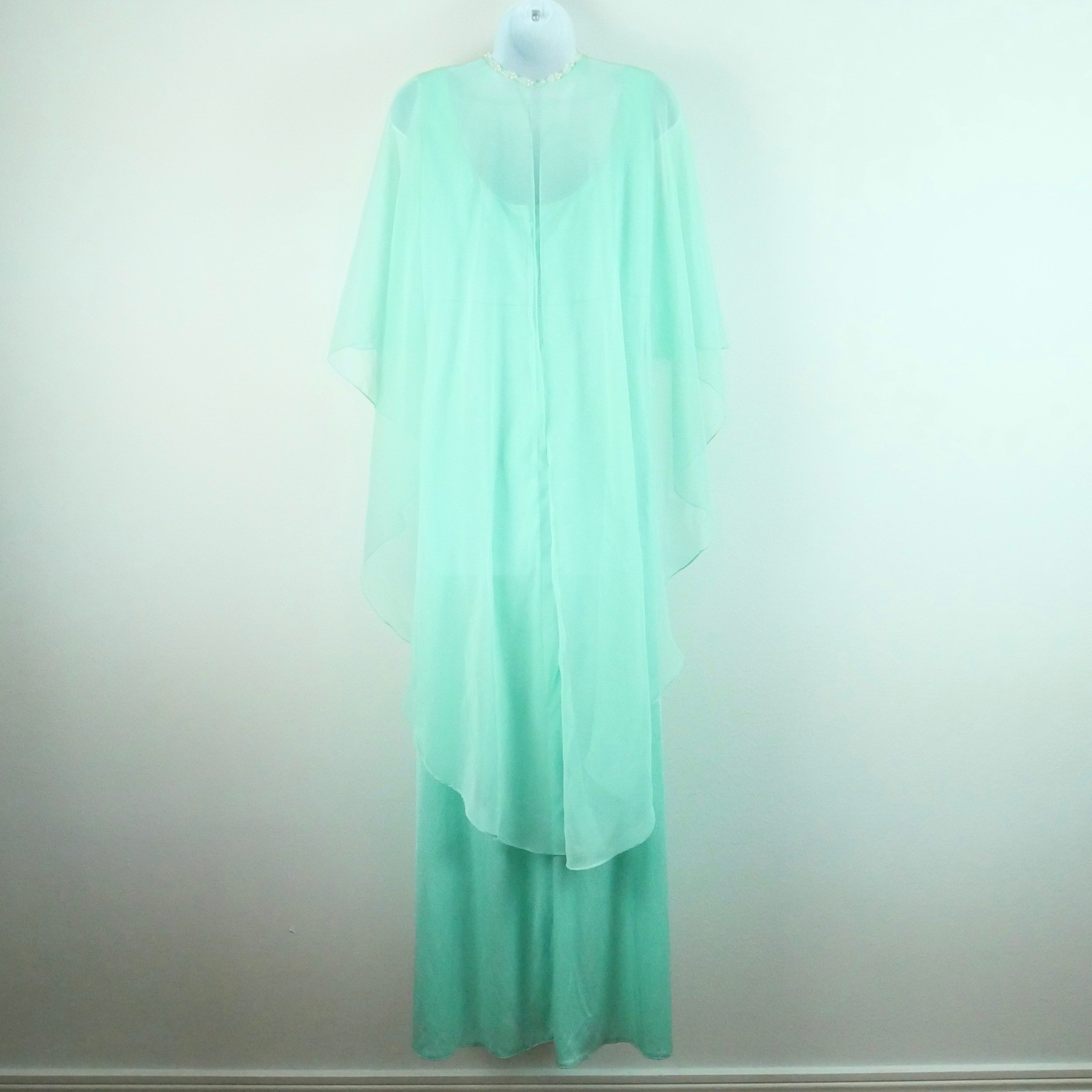 Vintage Emma Domb Mint Green Chiffon Capelet Maxi Dress 70s 60s S Hollywood Glam