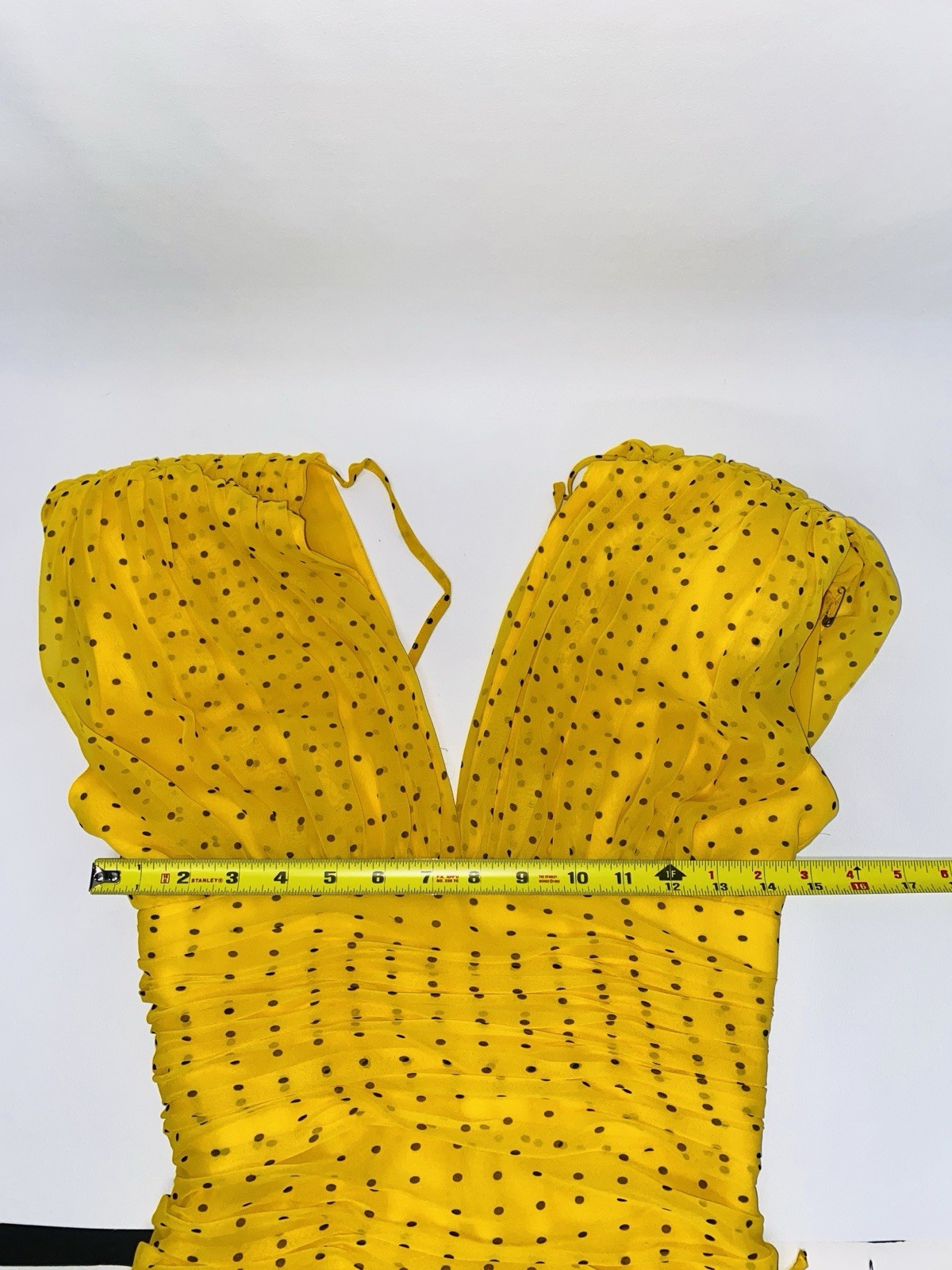WAYNE CLARK Vtg 80s Yellow Brown Polka Dot Chiffon Draped Dress Floaty Scarf W30