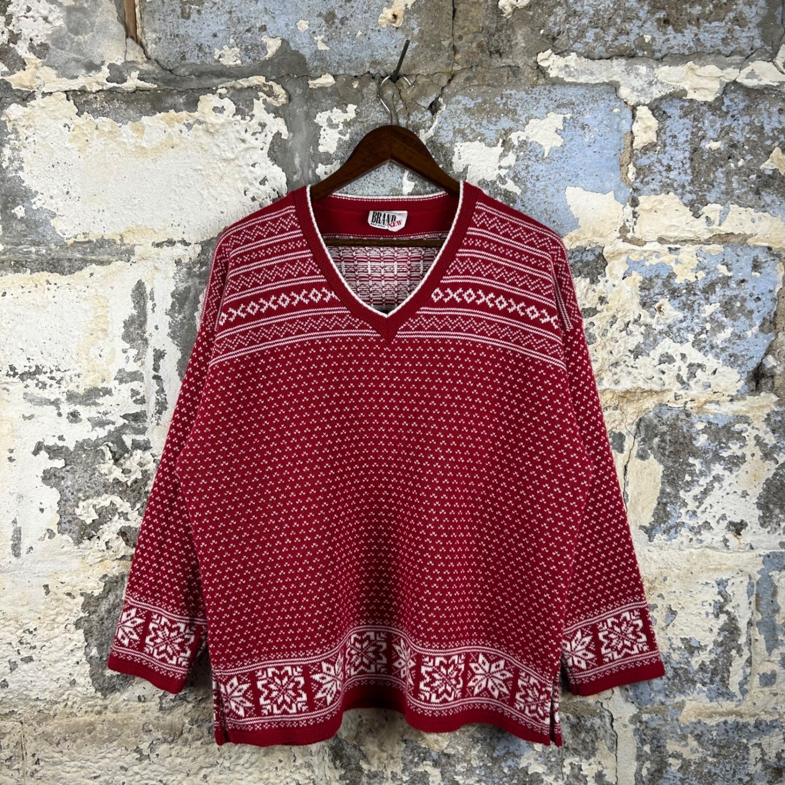 Vintage Made in USA 1X Red Fair Isle Snowflake V Neck 3/4 Sleeve Sweater