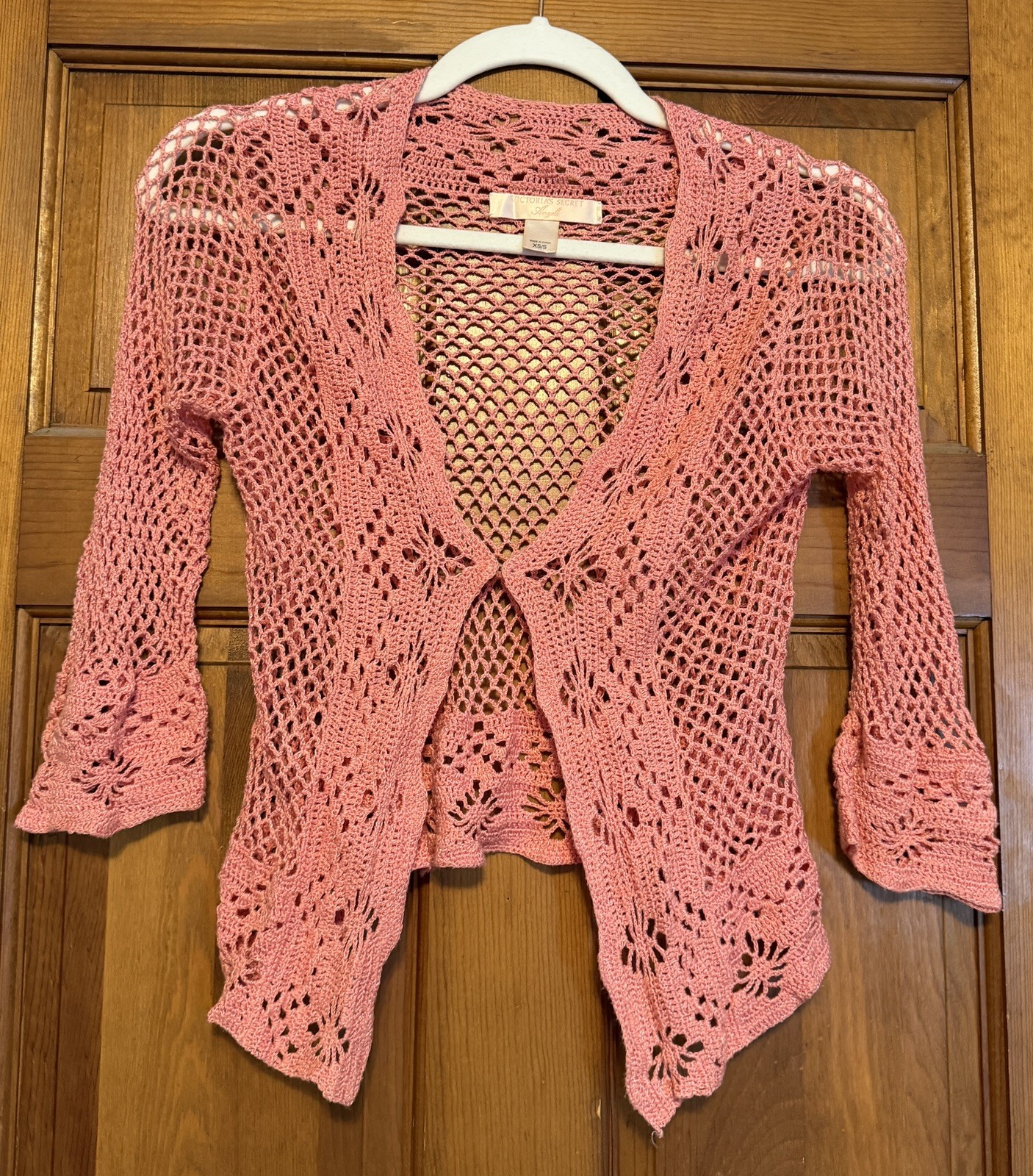 VTG 90s Victoria&rsquo;s Secret💗Pinky-Peach Lace Boho Crochet Cardigan Sz XS/S