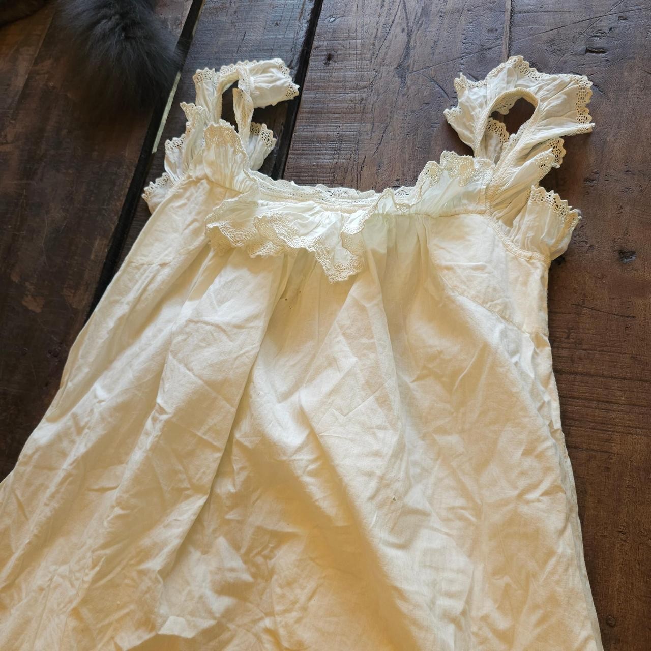 Antique Chemise Cream Lace Trim Slip Midi Dress w/ Ruffled Sleeves Edwardian
